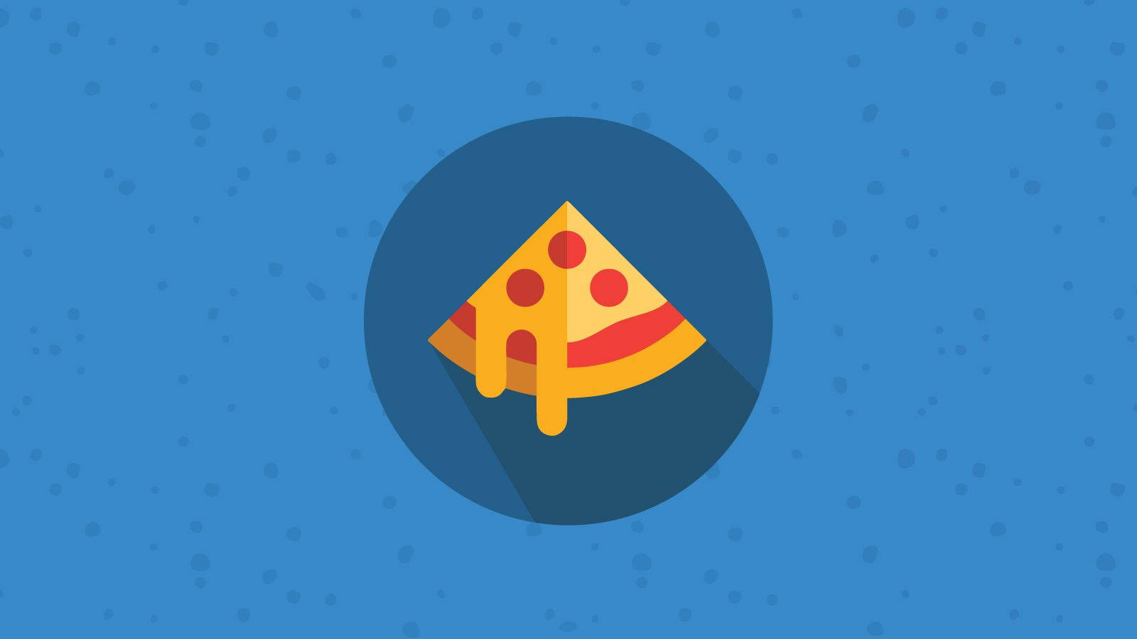 Dominos Pizza 桌布 壁紙 — 一塊充滿活力的義大利辣香腸披薩片，融化起司滴落，位於深藍色圓圈中央，背景為帶斑點的藍色。