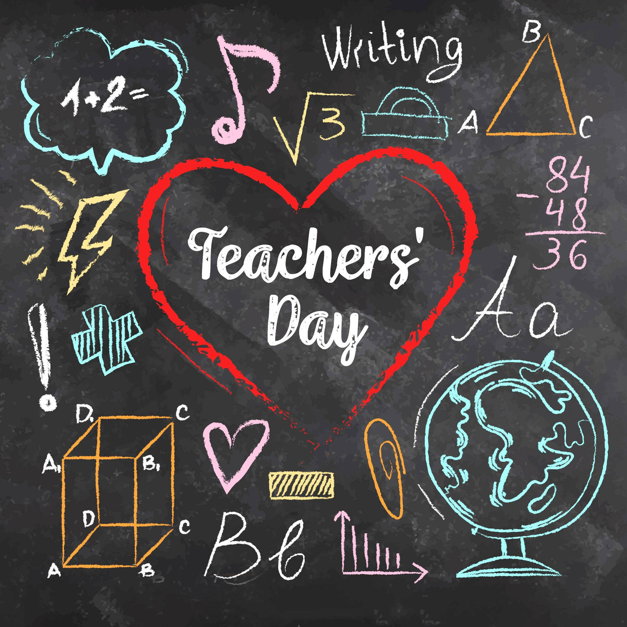Happy Teachers Day 桌布 壁紙 — 一塊充滿色彩繽紛教育塗鴉的黑板，中央有一個紅色心形，慶祝教師節。