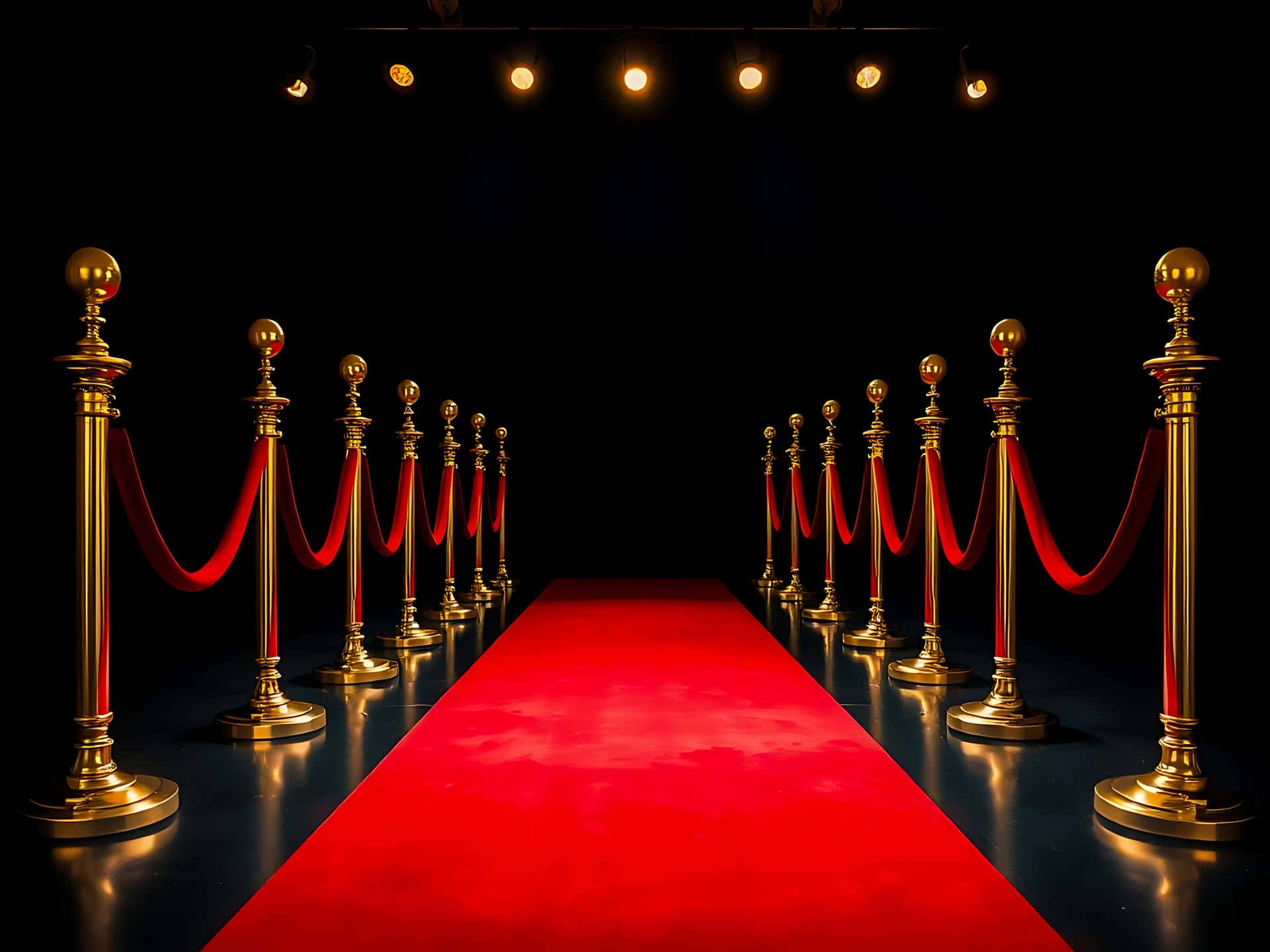 Red carpet and gold stanchions on a black background 壁紙 — 一塊光亮的紅地毯伸延進黑暗之中，兩旁是金色欄柱和天鵝絨繩索，在溫暖的聚光燈下。