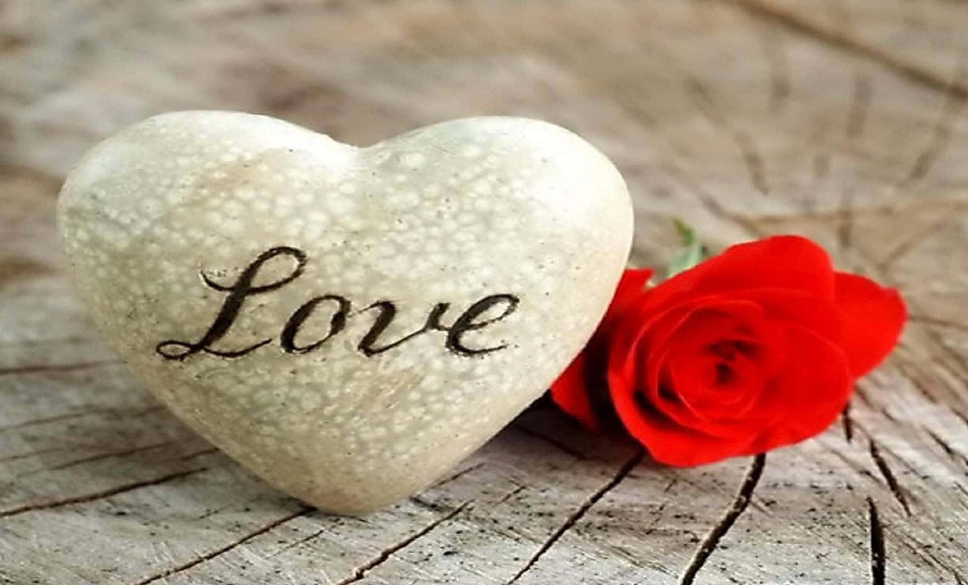 Sweet Love 桌布 壁紙 — 一塊光滑的心形石頭，上面刻有「Love」字樣，旁邊放著一朵鮮豔的紅玫瑰，置於經風化的木質表面上。