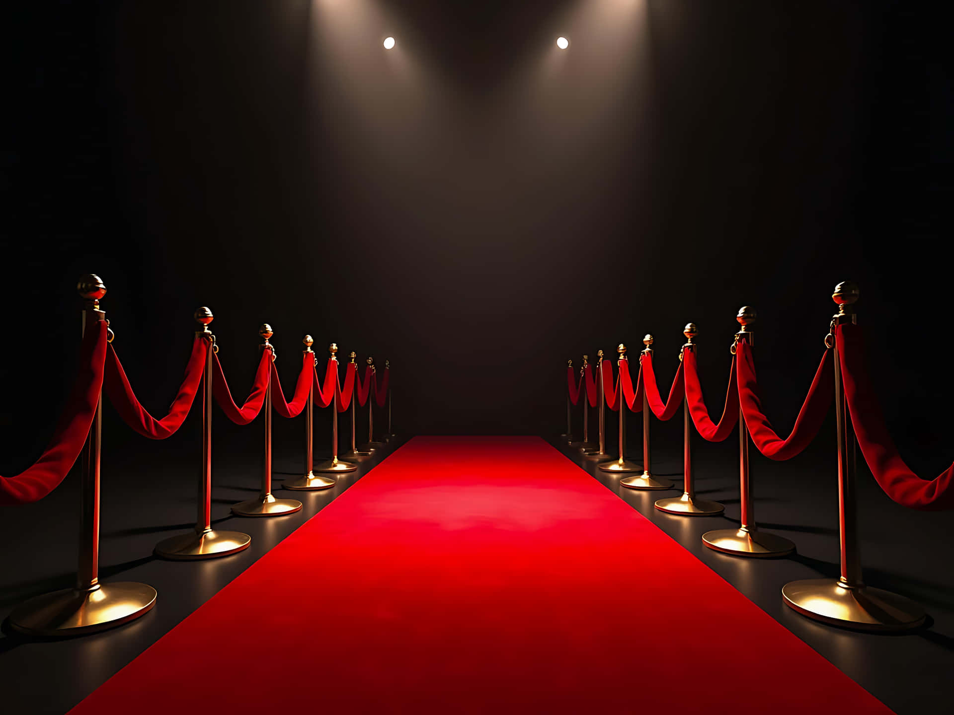 Red carpet and gold stanchions under bright spotlights in the darkness 壁紙 — 一塊光滑的紅色地毯延伸進黑暗，兩旁是金色欄柱和天鵝絨繩索，在聚光燈光束下。