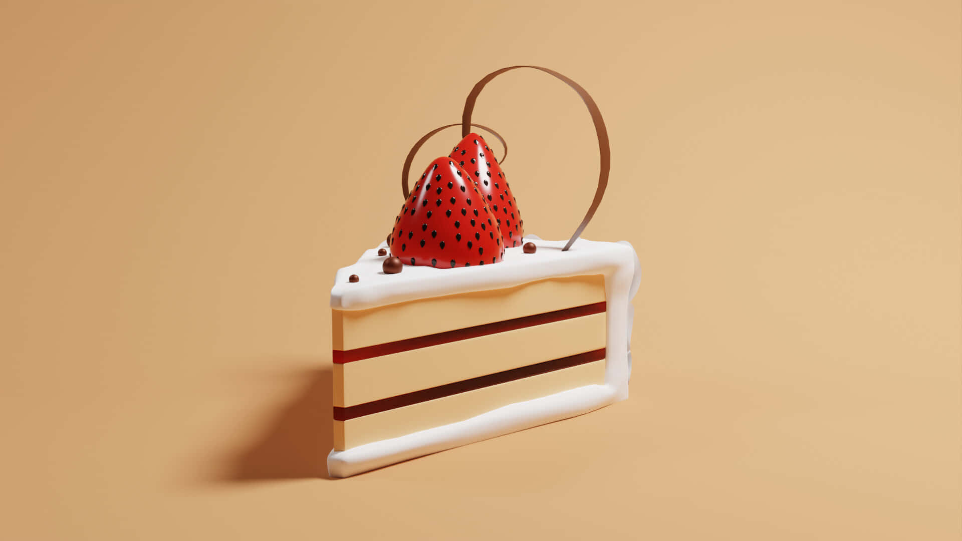 Desserts 桌布 壁紙 — 一塊分層蛋糕，上面有白色糖霜和一顆草莓，背景是溫暖的米色。