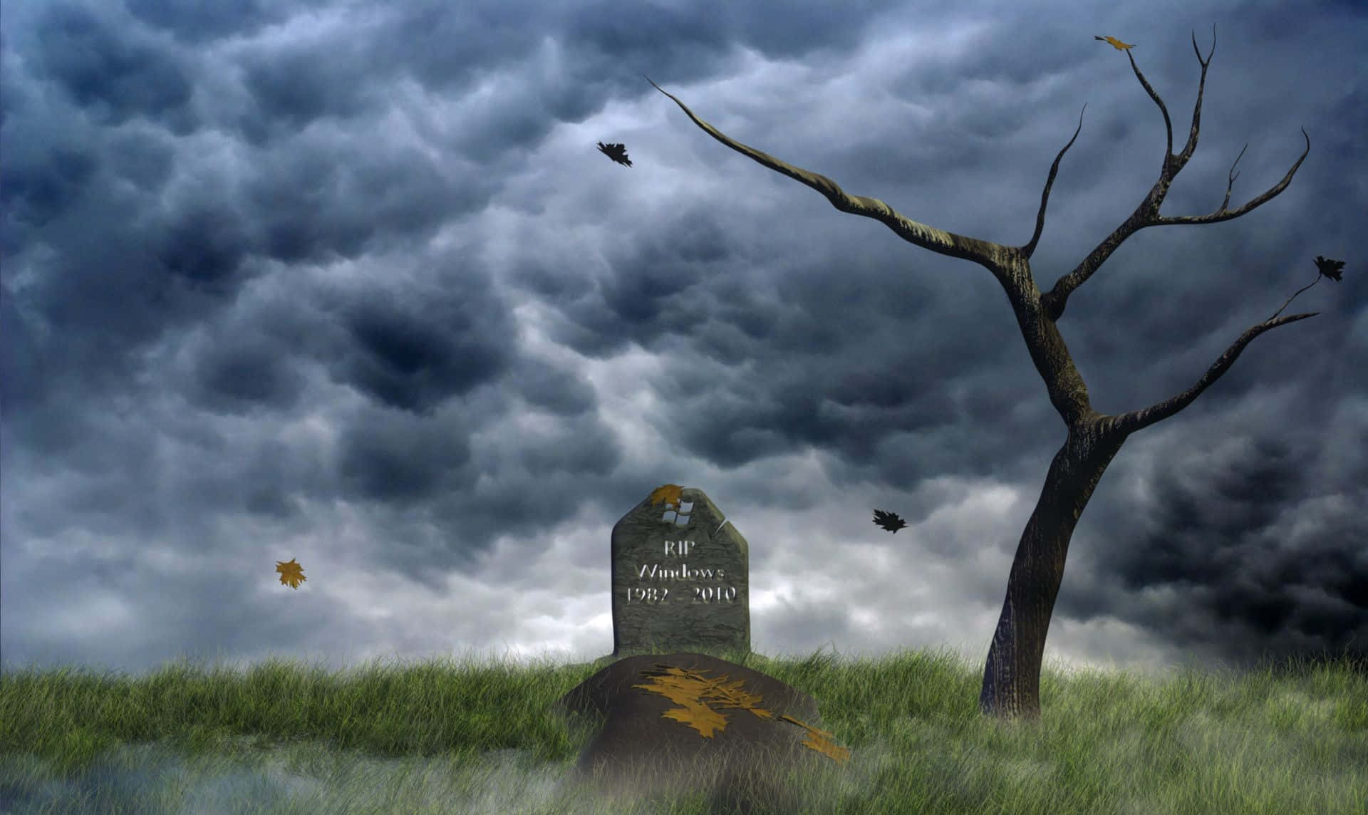 Rip 桌布 壁紙 — 一塊刻有 RIP Windows 1982 2010 的墓碑矗立在草地上，天空風暴密佈，有一棵禿樹和飛翔的烏鴉。
