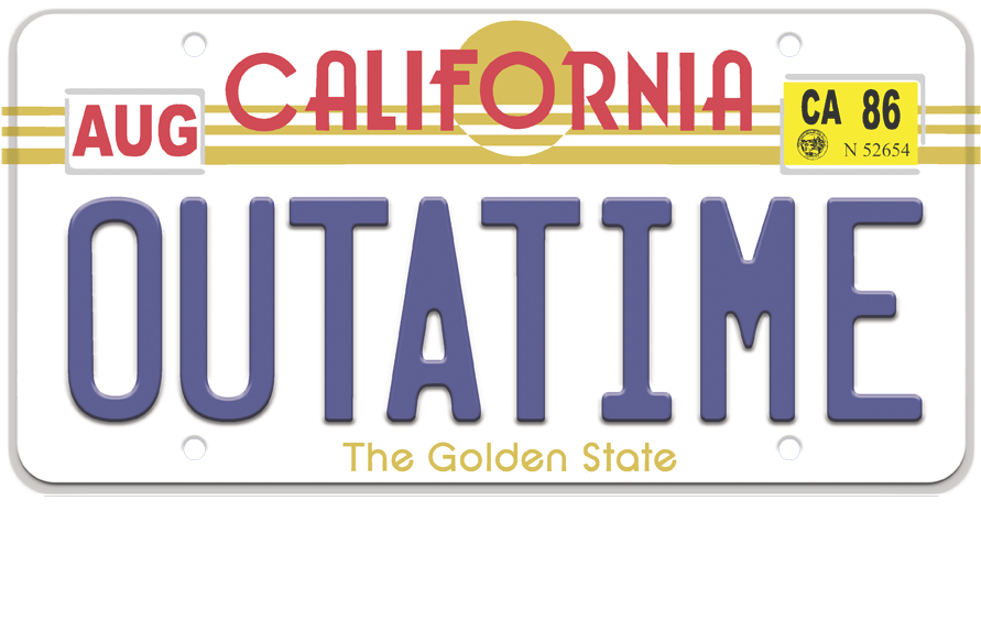 回到未來 桌布 壁紙 — 一塊加州車牌，上面有《回到未來》中的「OUTATIME」字樣，並帶有「The Golden State」標語。