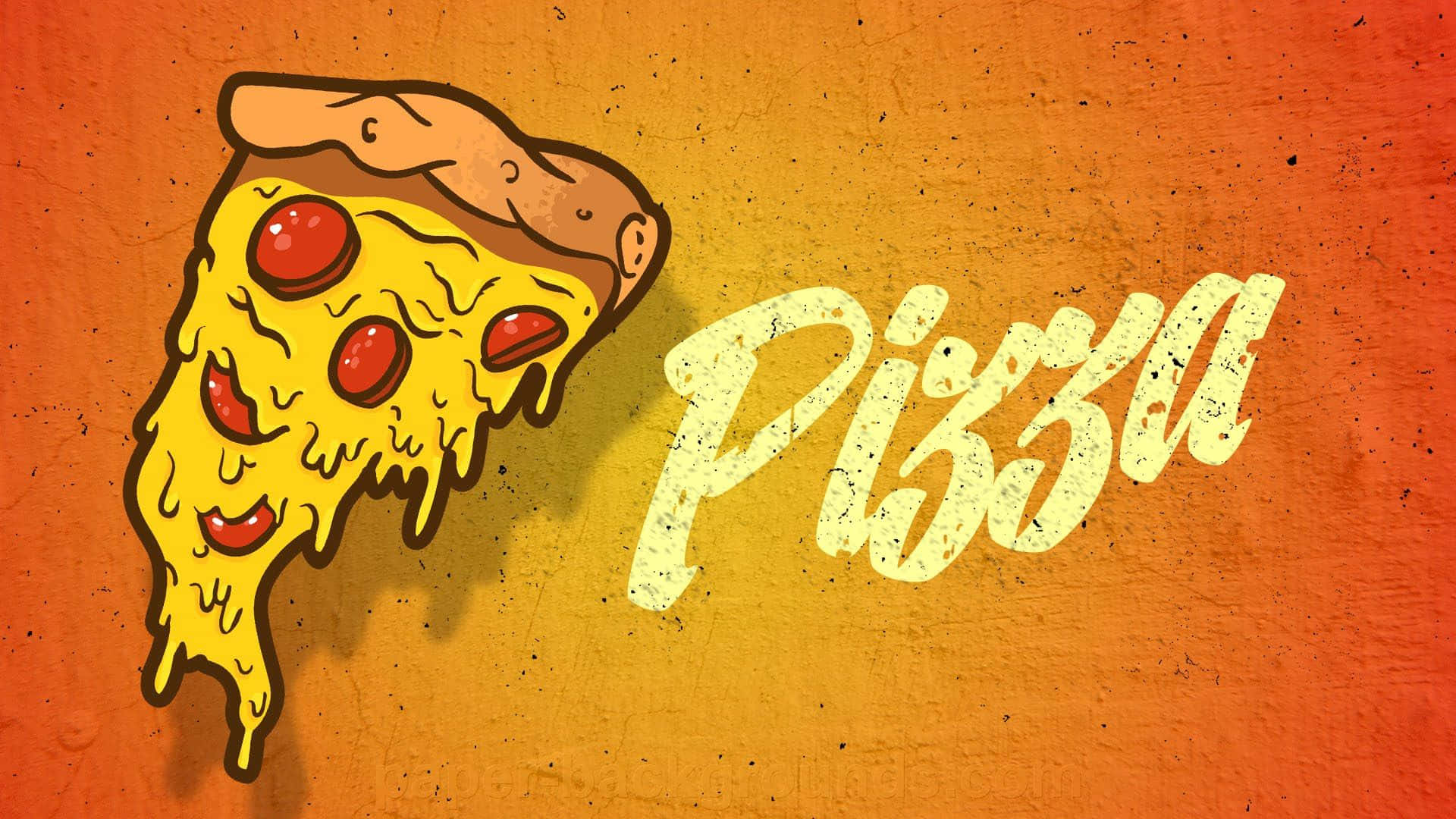 Pizza 桌布 壁紙 — 一塊卡通義大利辣香腸披薩，融化起司滴落，旁邊是單詞 'Pizza'，背景為紋理橙色。