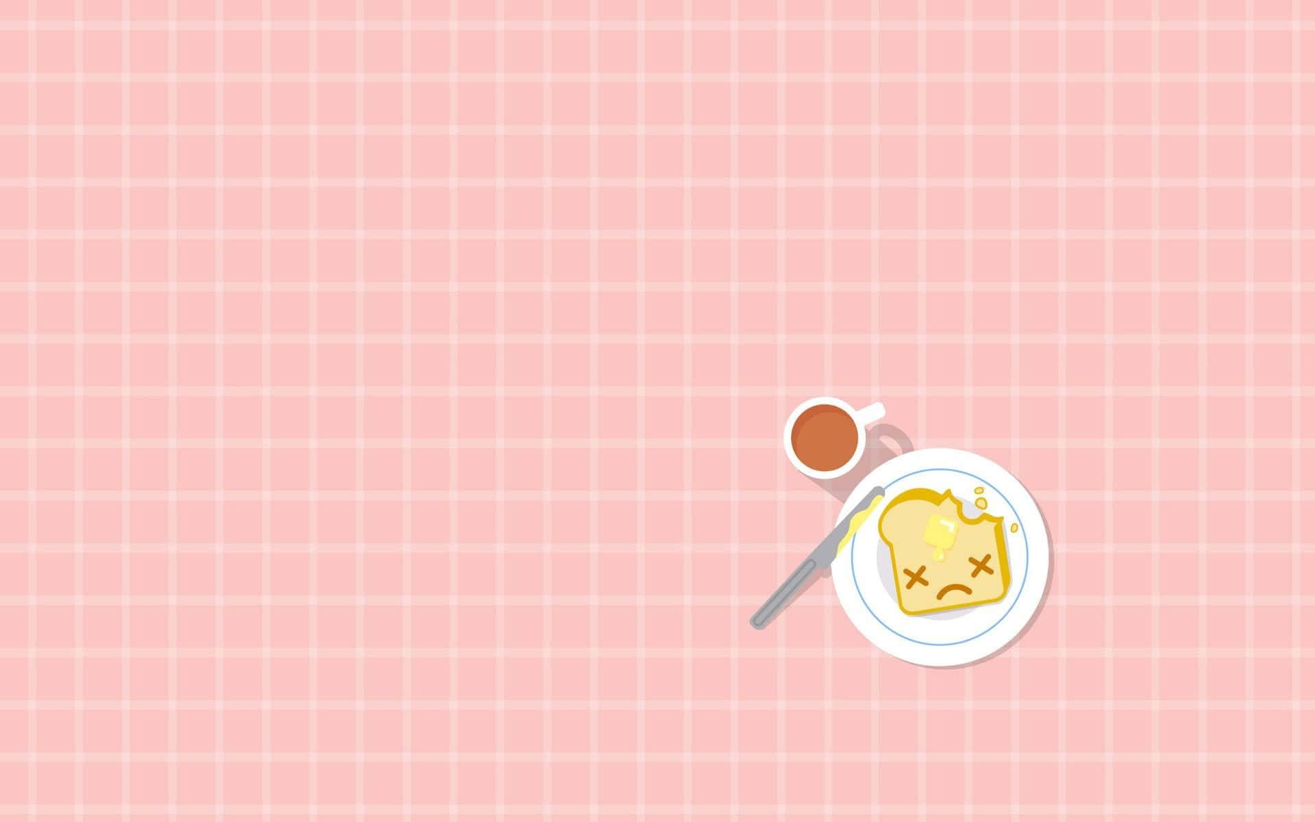 Kawaii Food 桌布 壁紙 — 一塊可愛的卡通吐司帶著悲傷的表情，坐在粉紅色格子桌布上的盤子裡，旁邊放著一杯咖啡。