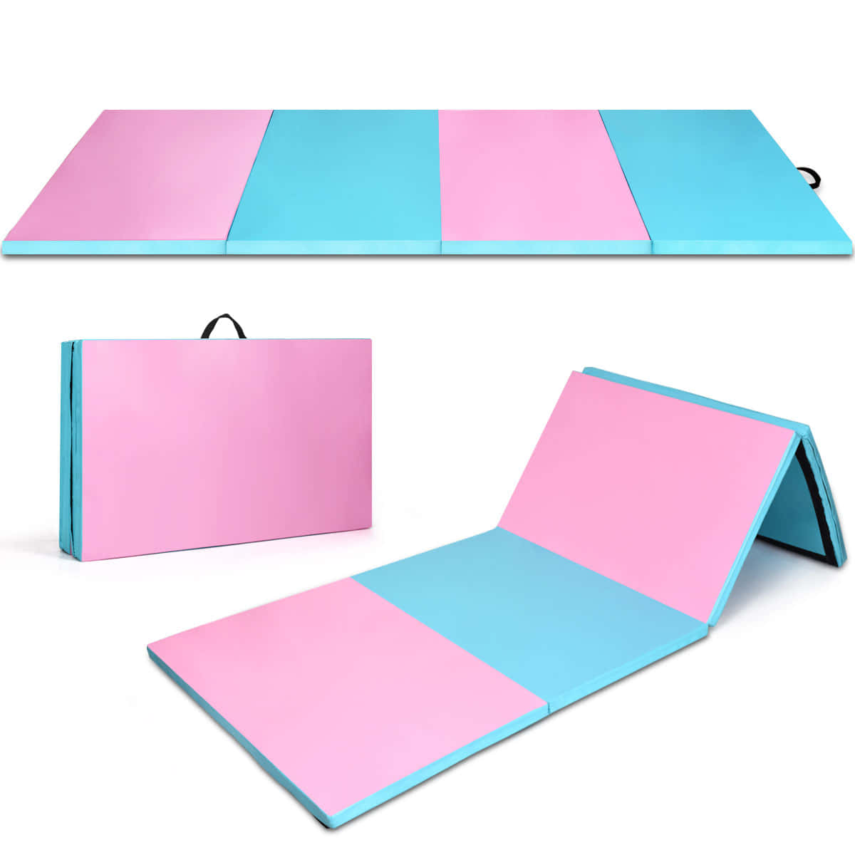 Gymnastics Mat 桌布 壁紙 — 一塊可折疊的粉紅色和藍色運動墊，在白色背景上展示完全展開、緊湊折疊和部分展開的狀態。