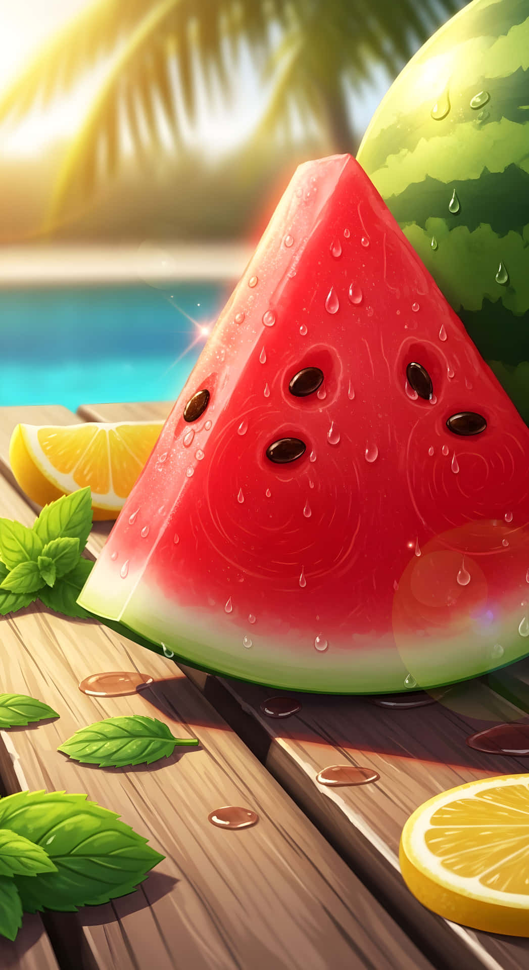 Summer Melon Glow 壁紙 — 一塊多汁的西瓜片在棕櫚樹下的泳池旁木桌上，旁邊有檸檬角和薄荷葉，閃爍著露珠。
