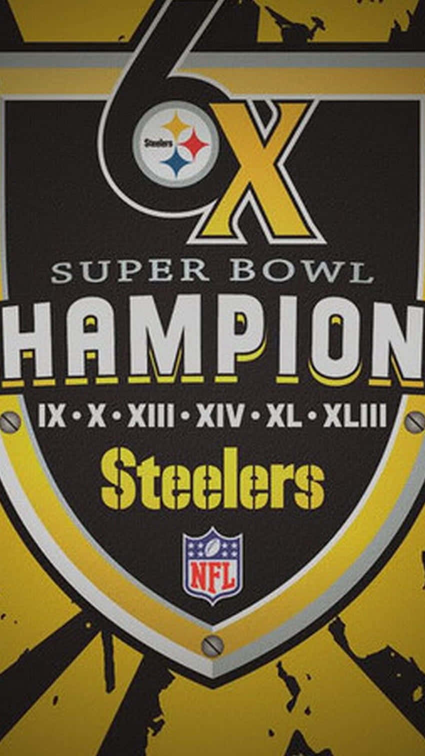 Steelers iPhone 桌布 壁紙 — 一塊大膽的鋼人隊超級盃冠軍牌匾，上面列出六個金色和黑色的冠軍頭銜。