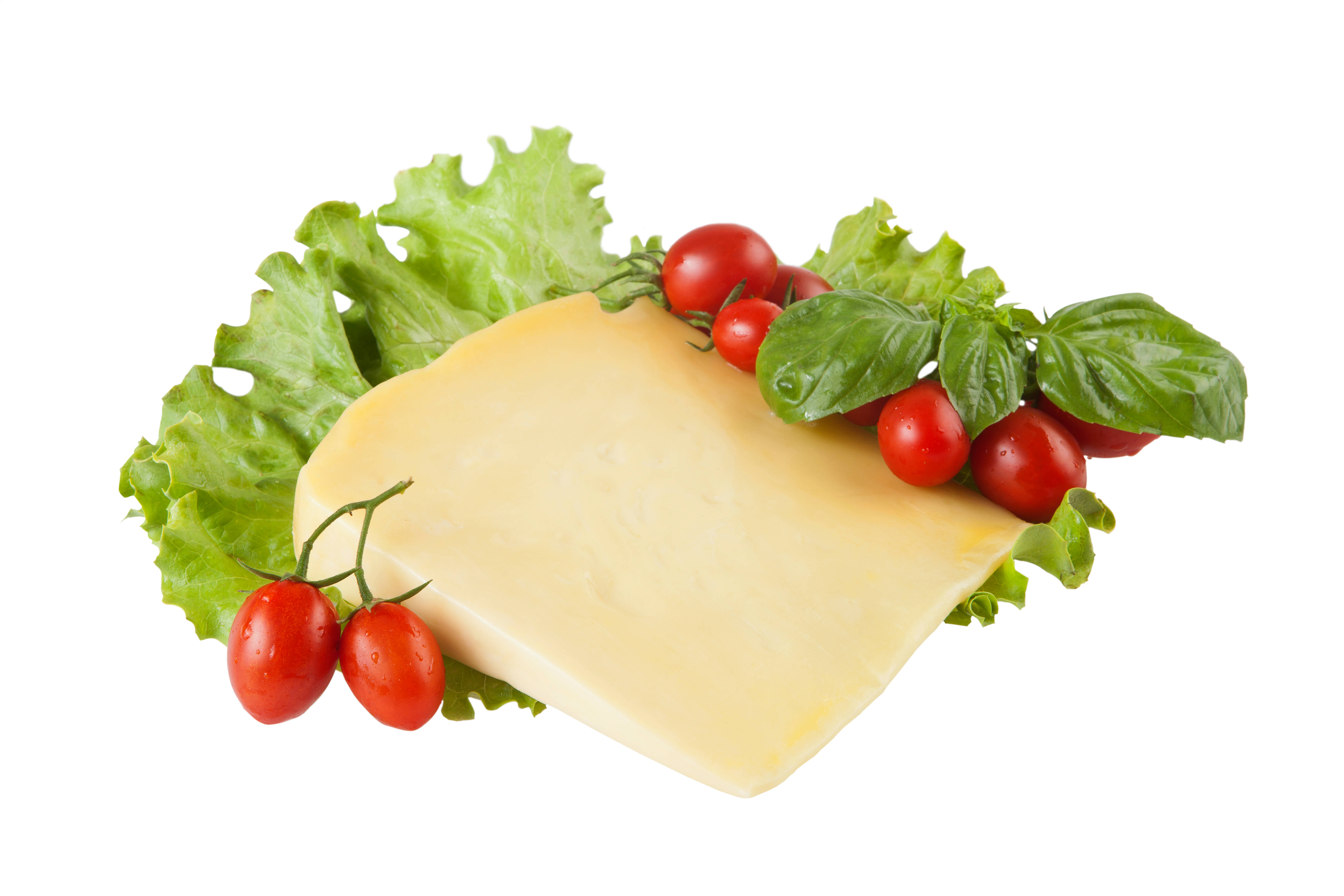 Cheese 桌布 壁紙 — 一塊奶油起司放在脆生菜上，搭配新鮮羅勒和鮮豔的櫻桃番茄。