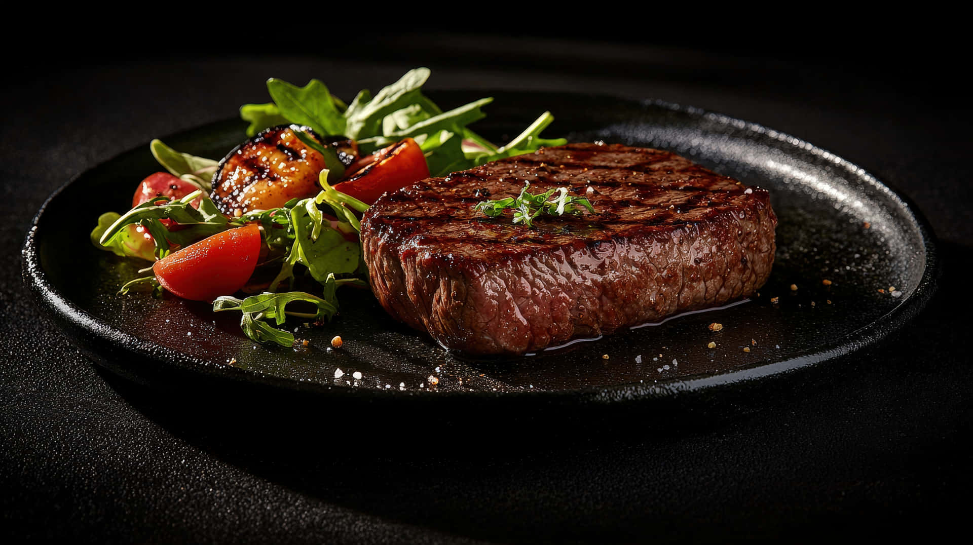 Juicy Grilled Steak with Fresh Salad on Black Plate 壁紙 — 一塊完美煎烤的牛排帶有烤紋，放在深色盤子上，旁邊有烤櫻桃番茄和新鮮芝麻葉。