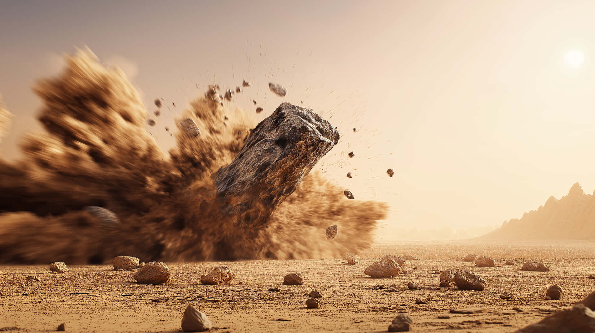 Meteorite Striking Desert Ground with Explosive Force 壁紙 — 一塊巨大的岩石從沙漠地面向上爆炸，在朦朧的陽光下揚起沙塵和碎片。