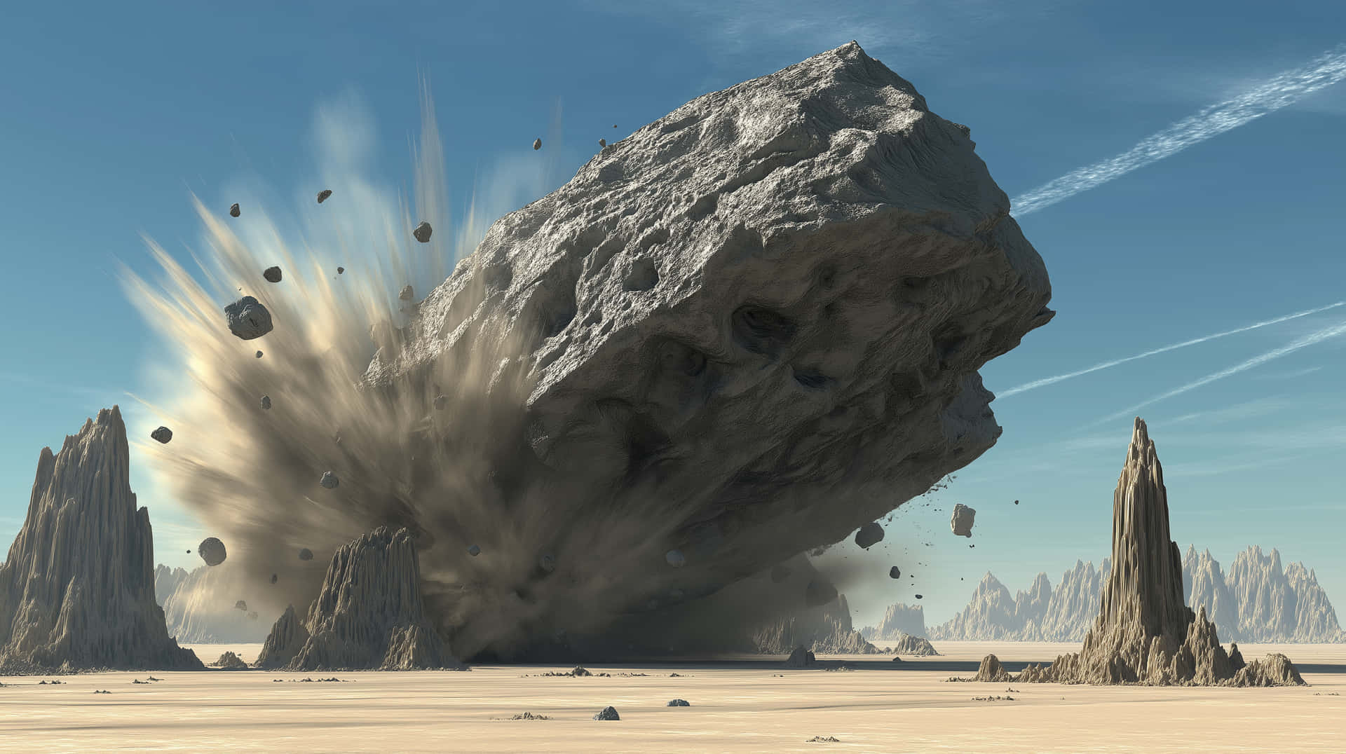 Massive Meteorite Impacting Deserted Landscape with Debris 壁紙 — 一塊巨大的灰色巨石衝過沙漠景觀，在晴朗的藍天下揚起灰塵和碎片。