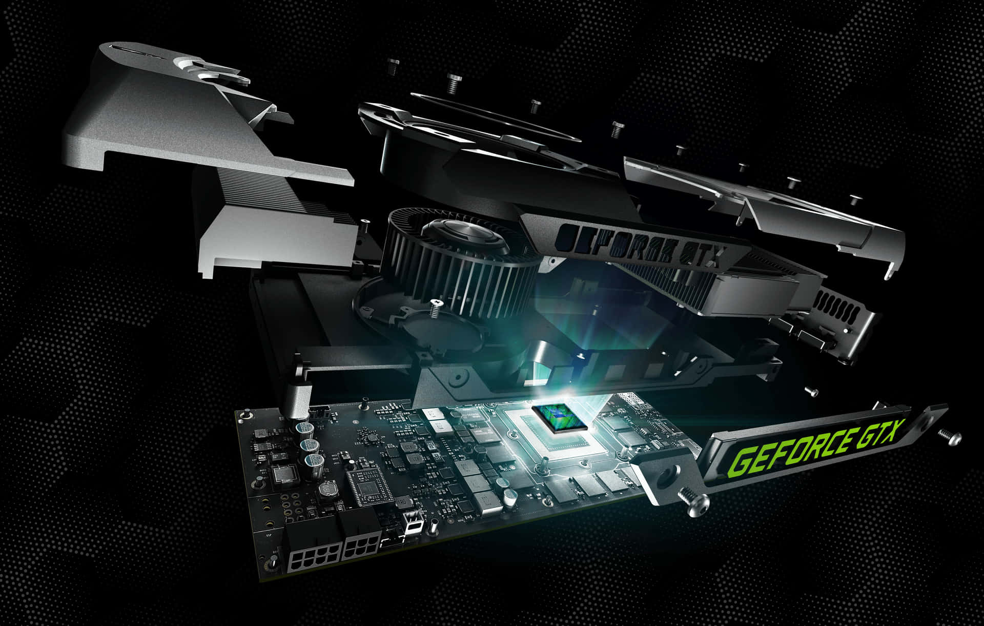 已拆解的NVIDIA GeForce GTX顯示卡，帶有發光綠色點綴和金屬組件。 — 4K 寵物小精靈壁紙 壁紙