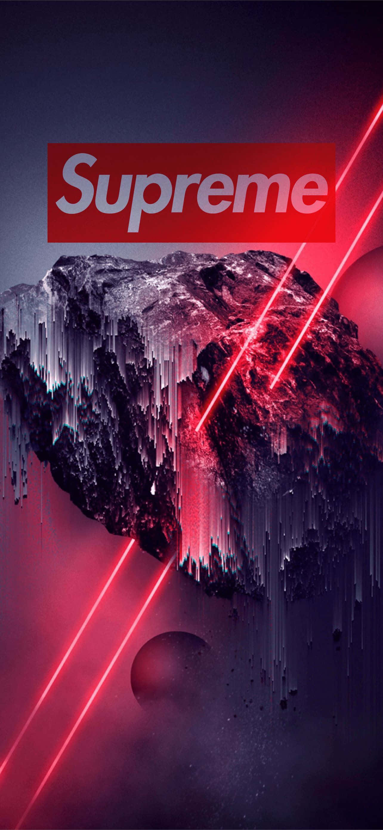 supreme 桌布 壁紙 — 一塊帶有故障效果的宇宙岩石，紅色雷射光束和Supreme標誌漂浮在黑暗的太空場景中。