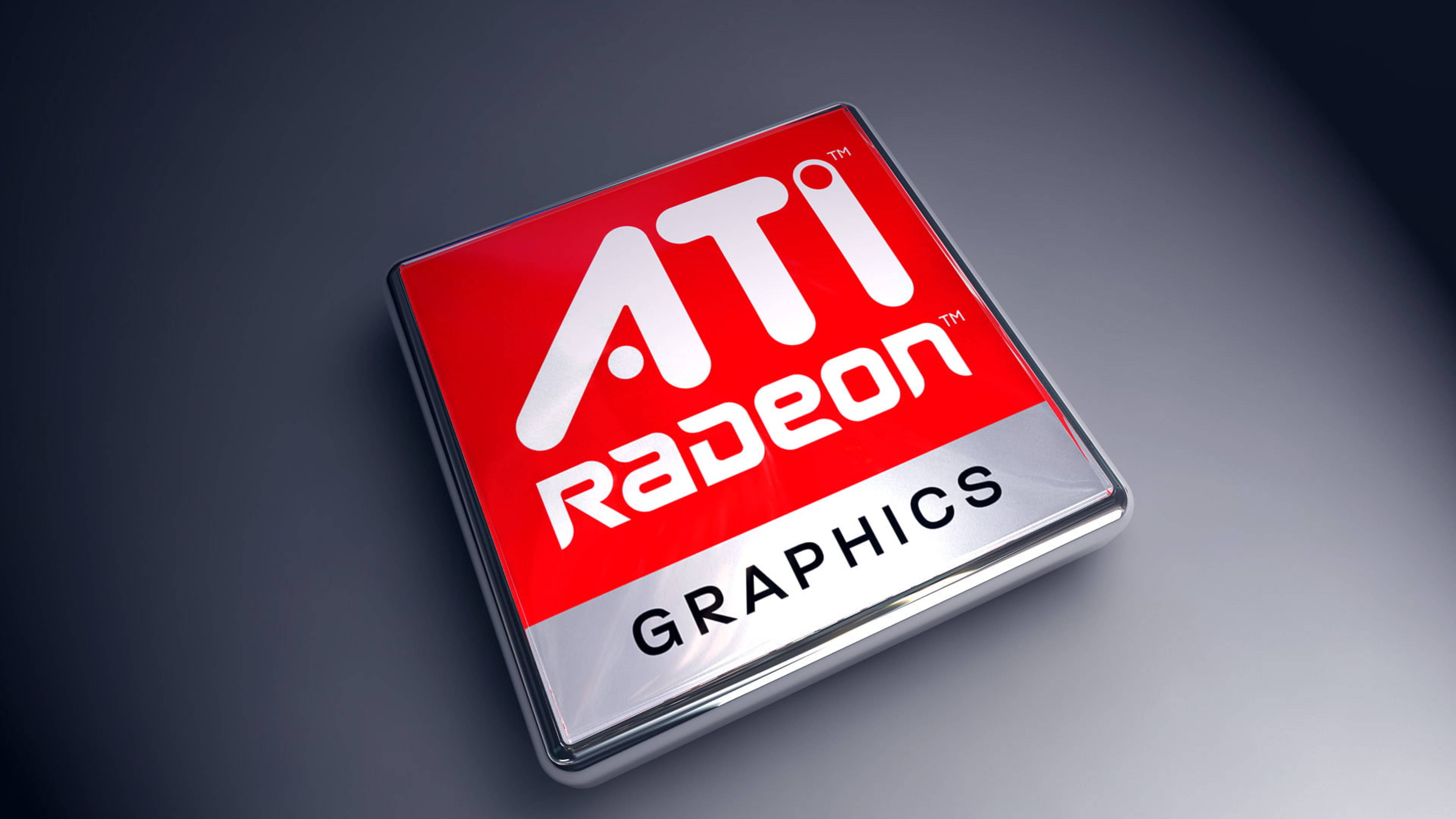 4K 桌布 壁紙 — 一塊帶有紅色、白色和銀色品牌標誌的光澤ATI Radeon Graphics晶片，置於深色漸變背景上。
