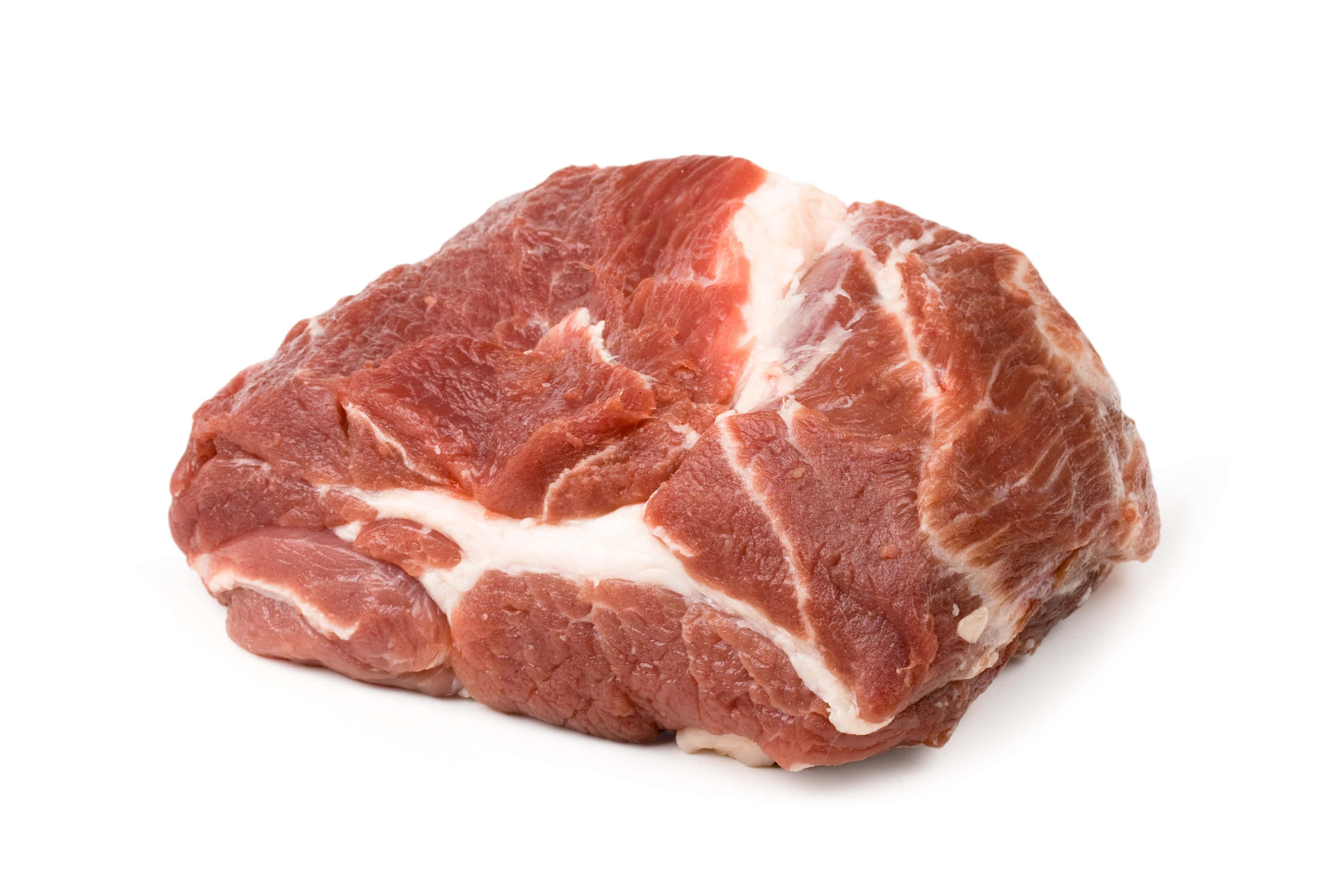 meat 桌布 壁紙 — 一塊帶有雪花脂肪的生豬肉烤肉，在明亮的攝影棚燈光下，孤立在純白色背景上。