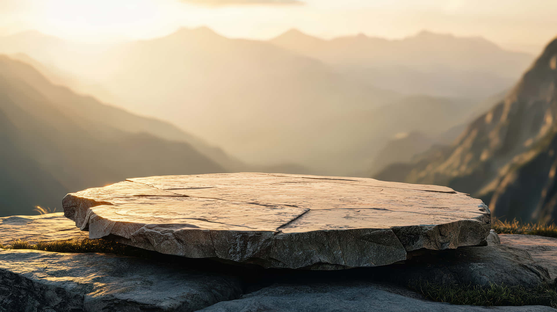 Large Flat Rock Platform Overlooking a Scenic Mountain Landscape at Sunrise 壁紙 — 一塊平坦的石頭擱在崎嶇的山岩上，陽光普照的山峰逐漸消失在霧濛濛的遠方。