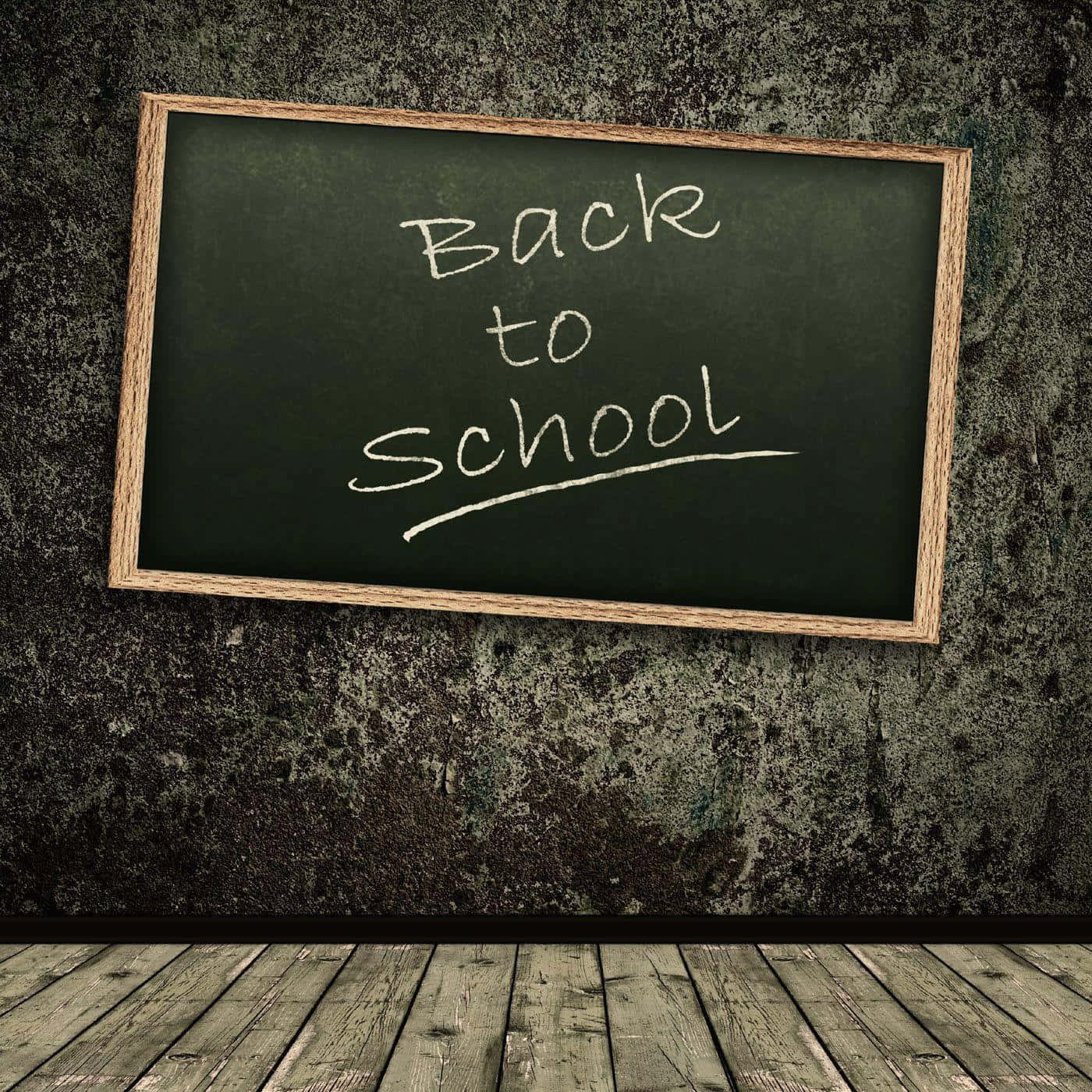 nostalgic 桌布 壁紙 — 一塊復古黑板，上面用白色粉筆寫著「Back to School」，掛在風化的混凝土牆上，下方是木地板。