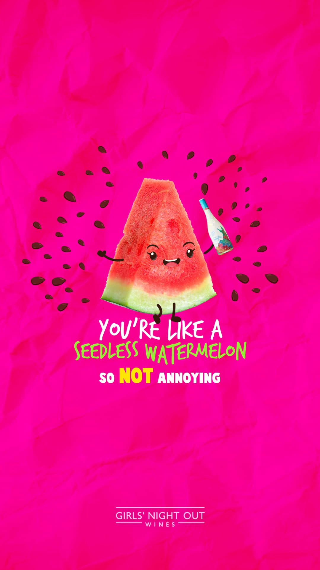 Watermelon 桌布 壁紙 — 一塊快樂的卡通西瓜片，有手有腳，還拿著一瓶酒，在明亮的粉紅色皺褶背景前大笑。