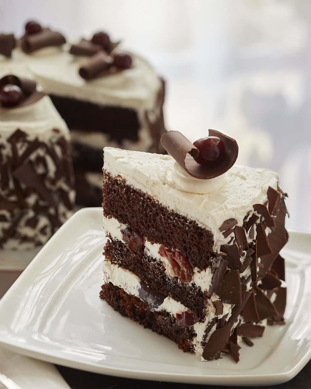 Black Forest Cake 桌布 壁紙 — 一塊放在白色盤子上、帶有奶油餡料和櫻桃裝飾的頹廢多層巧克力蛋糕切片。