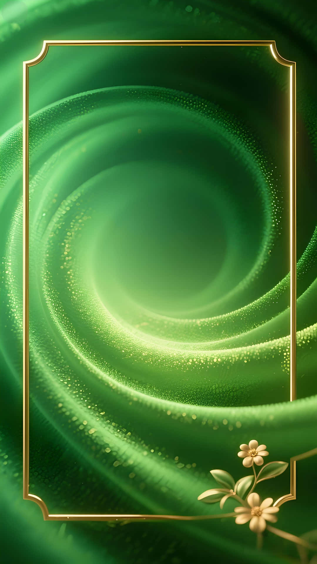 Green Charm Gold Frame: Luxurious Dreamy Swirl Wallpaper 壁紙 — 一塊旋轉的翡翠綠色布料，帶有金色斑點，鑲有金色邊框，並飾有精緻的奶油色花朵。
