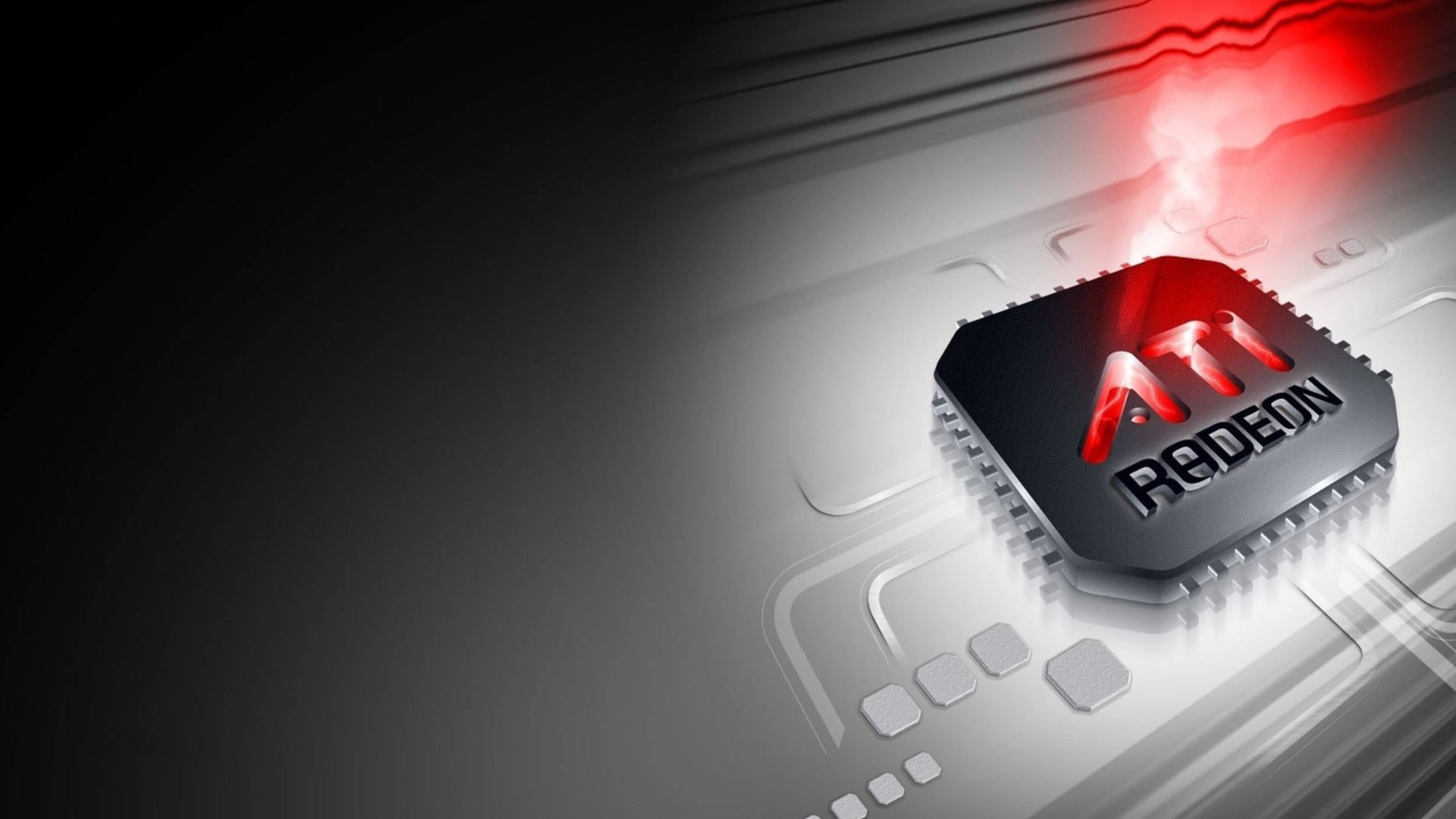 ATI Radeon圖形晶片在電路板上發出紅光。 — 4K 壁紙