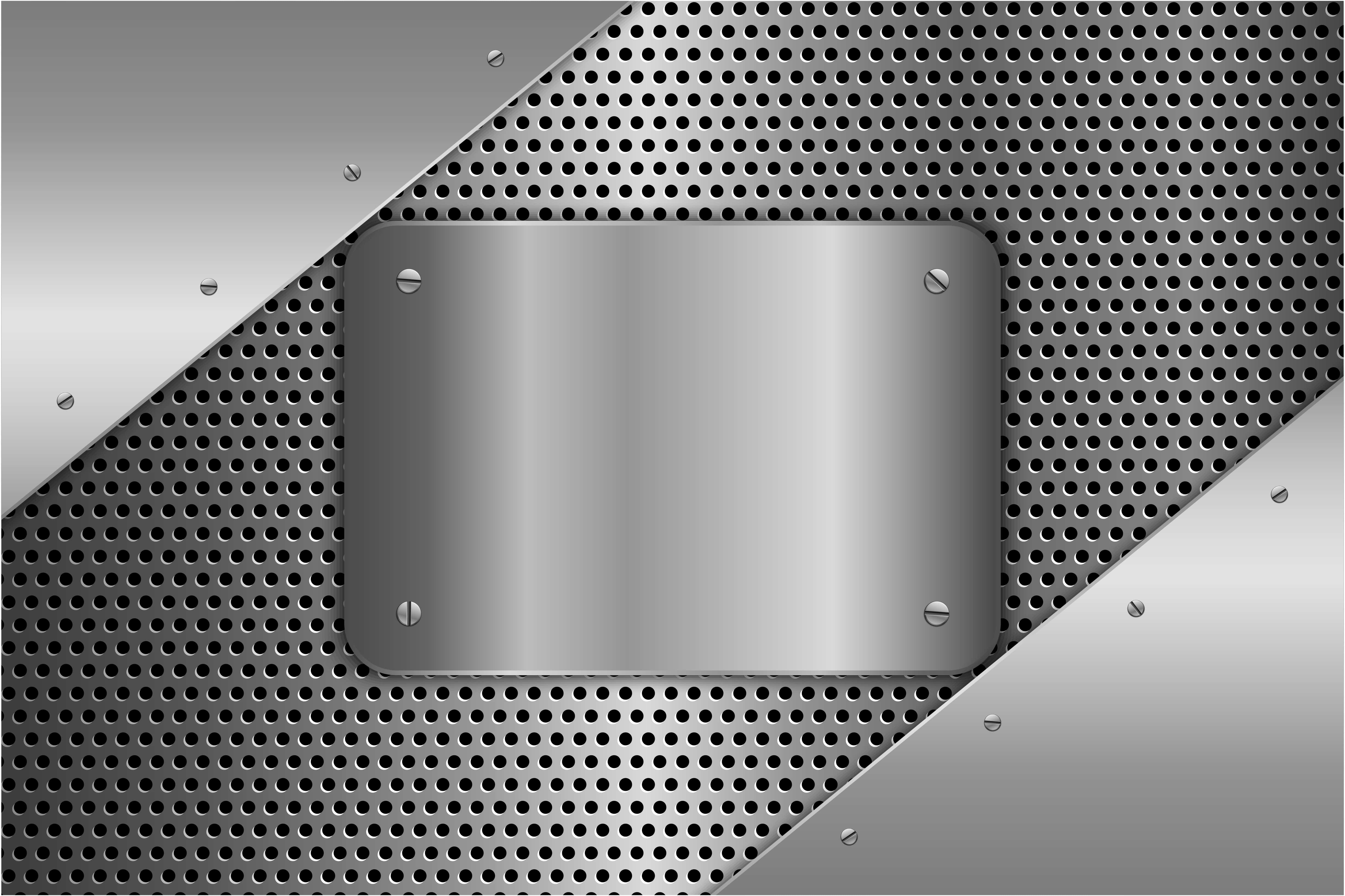Metallic Silver 桌布 壁紙 — 一塊時尚的銀色金屬板，置於帶有對角金屬面板的穿孔鋼背景中央。
