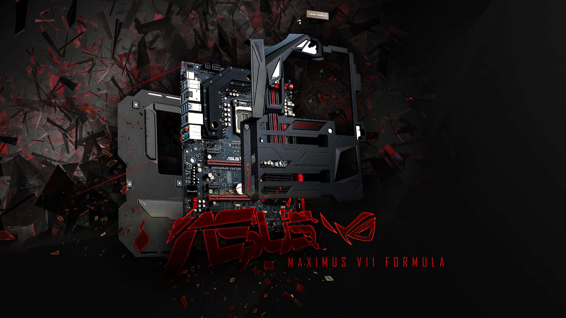 華碩 ROG 桌布 壁紙 — 一塊時尚的黑色和紅色 ASUS Maximus VII Formula 主機板從破碎的幾何碎片中浮現，背景為深色。