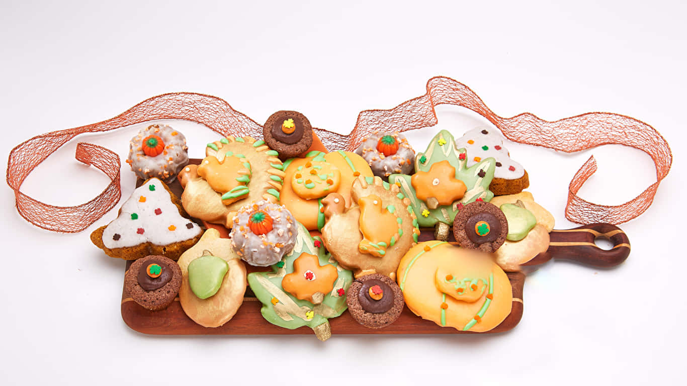 1366x768 Cookies 桌布 壁紙 — 一塊木板上堆滿了色彩繽紛的秋季主題餅乾，裝飾有南瓜、樹木和糖粒，背景為白色。