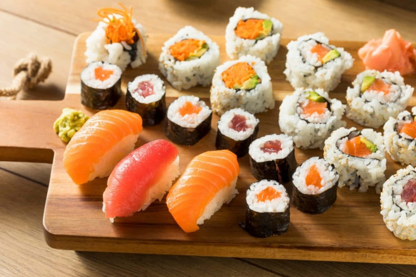 Sushi 桌布 壁紙 — 一塊木板上展示著各種色彩繽紛的壽司，包括鮭魚和鮪魚握壽司，以及各種酪梨和飛魚卵的卷壽司。