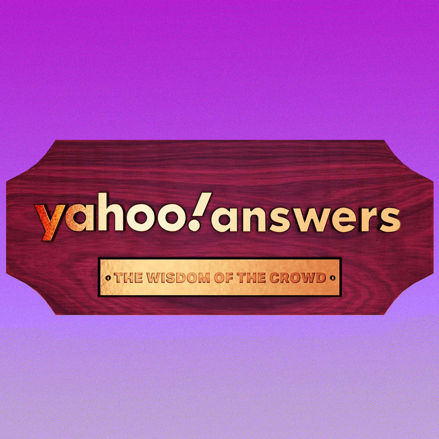 Yahoo 桌布 壁紙 — 一塊木牌上刻有「yahoo!answers」和「the wisdom of the crowd」文字，背景為紫色漸變。
