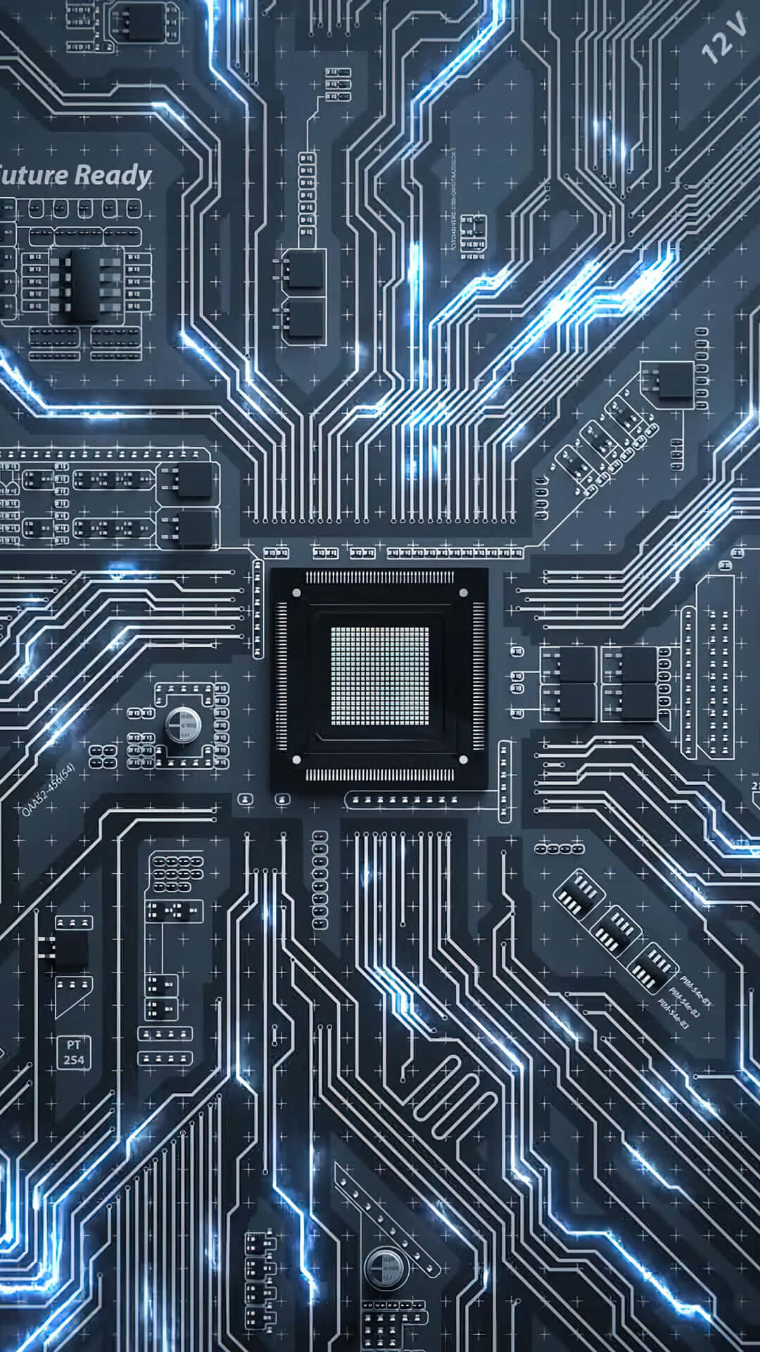 Circuit 桌布 壁紙 — 一塊未來感十足的發光藍色電路板，帶有複雜的線路和中央處理器晶片。