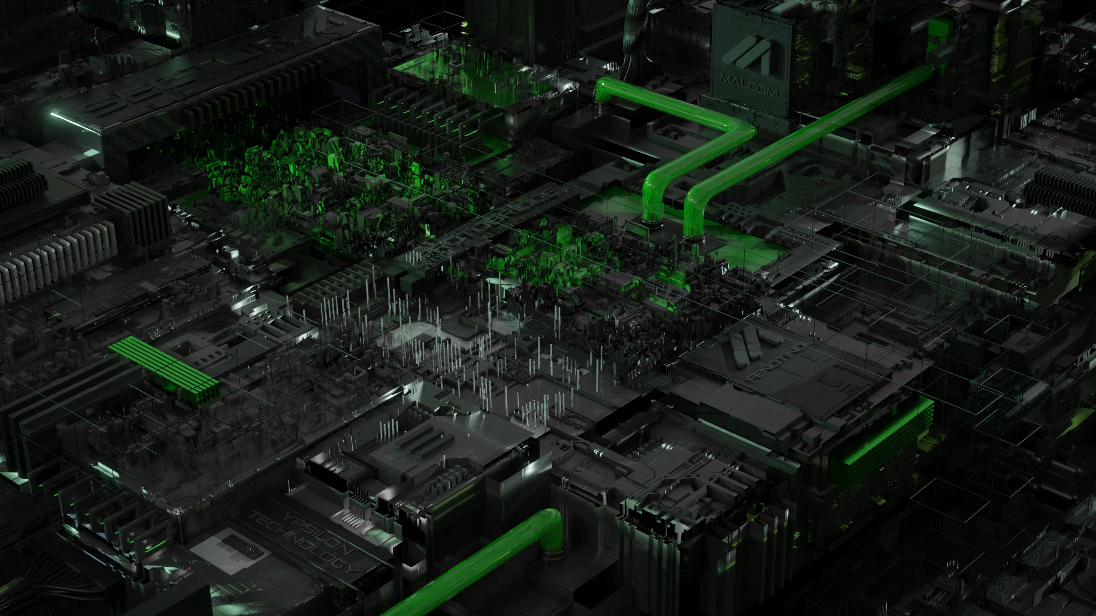 Processor 桌布 壁紙 — 一塊未來風格的電路板，在昏暗的環境光線下，帶有發光的綠色路徑和複雜的金屬元件。