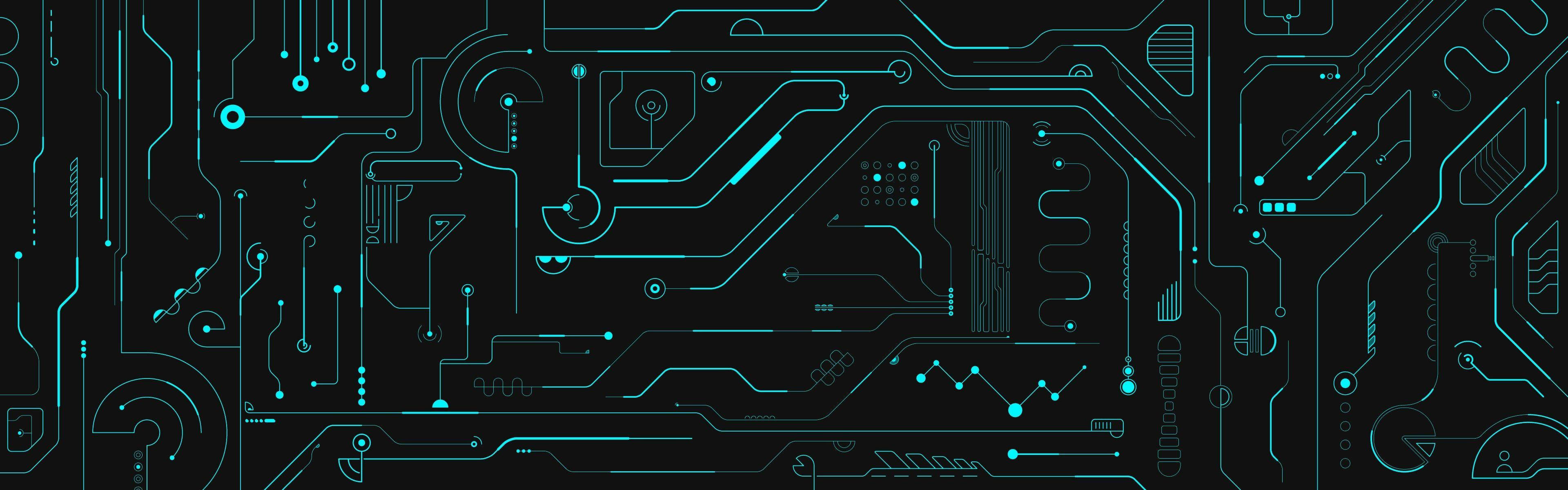 graphics 桌布 壁紙 — 一塊未來風格的電路板，在黑色背景上帶有發光的青色路徑和元件。