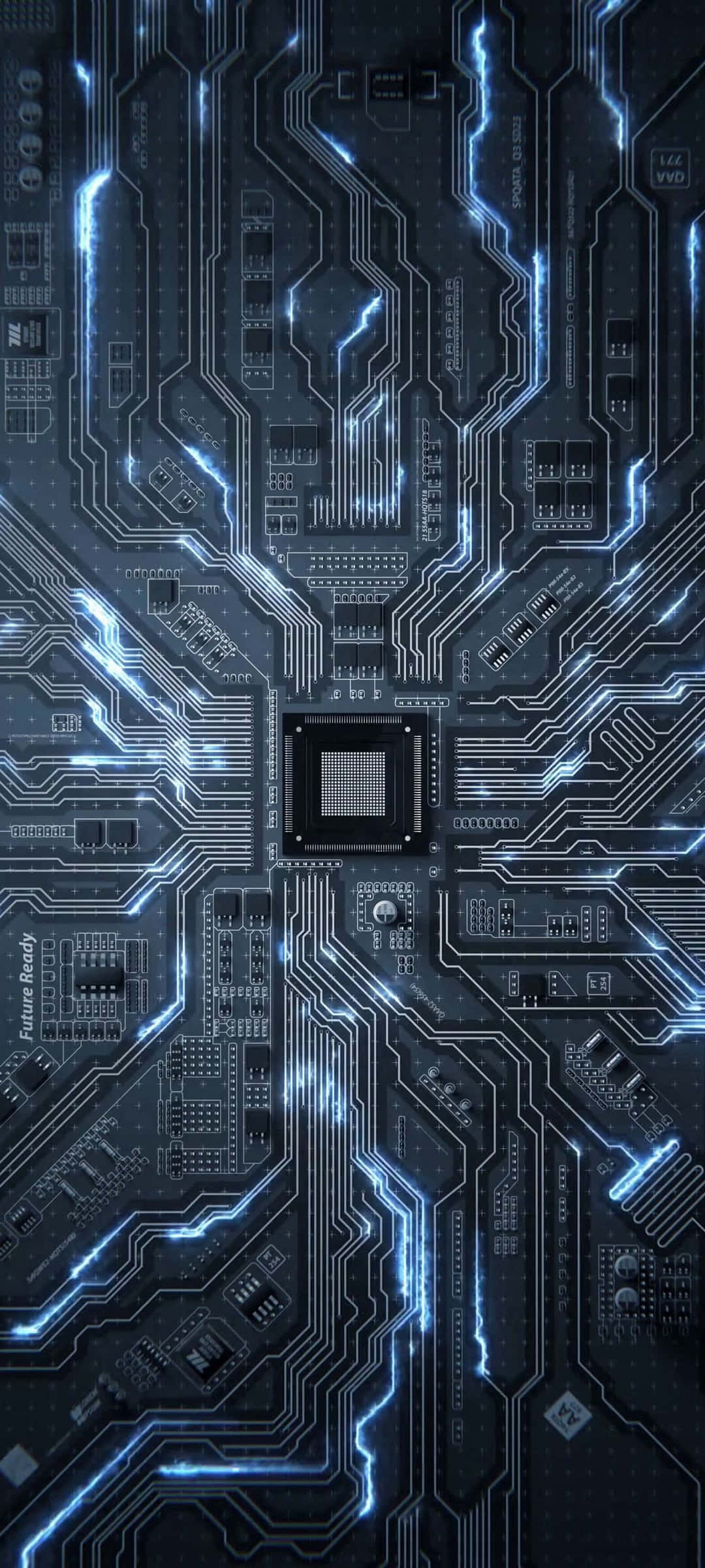 Motherboard 桌布 壁紙 — 一塊未來風格的電路板，帶有從中央處理器輻射出的發光藍色能量線條，背景為深色。