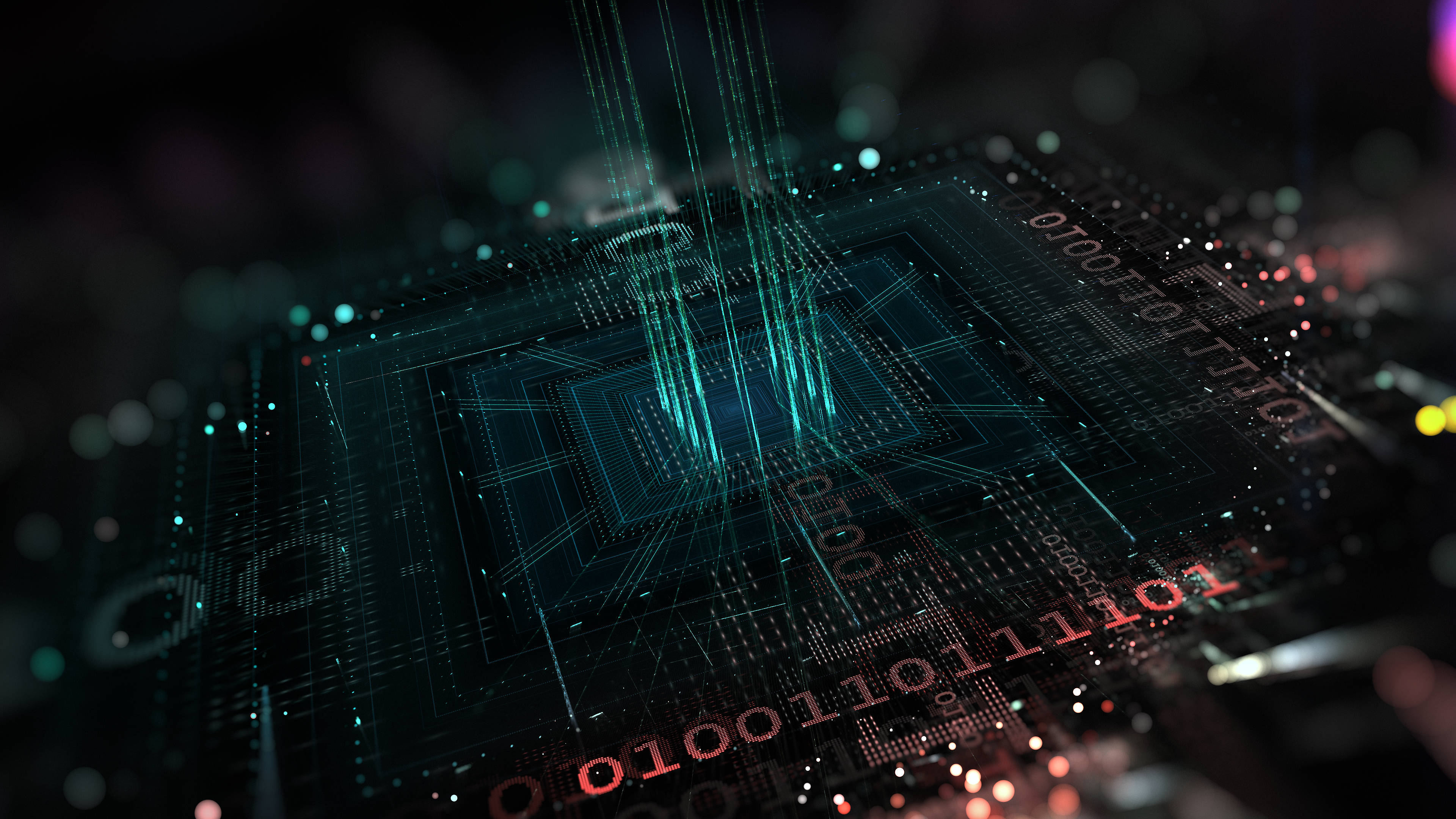 Processor 桌布 壁紙 — 一塊未來風格的電路板在黑暗背景上發出青色光芒，並有浮動的二進制代碼。