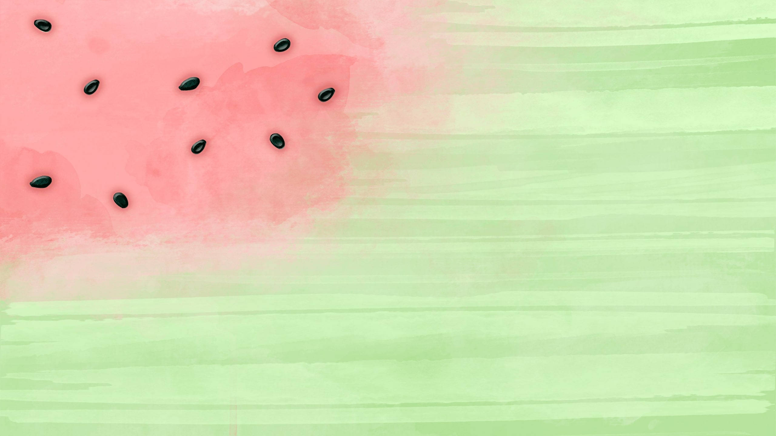 Watermelon 桌布 壁紙 — 一塊水彩風格的西瓜切片，帶有黑色種子，放在柔和的綠色筆觸背景上。