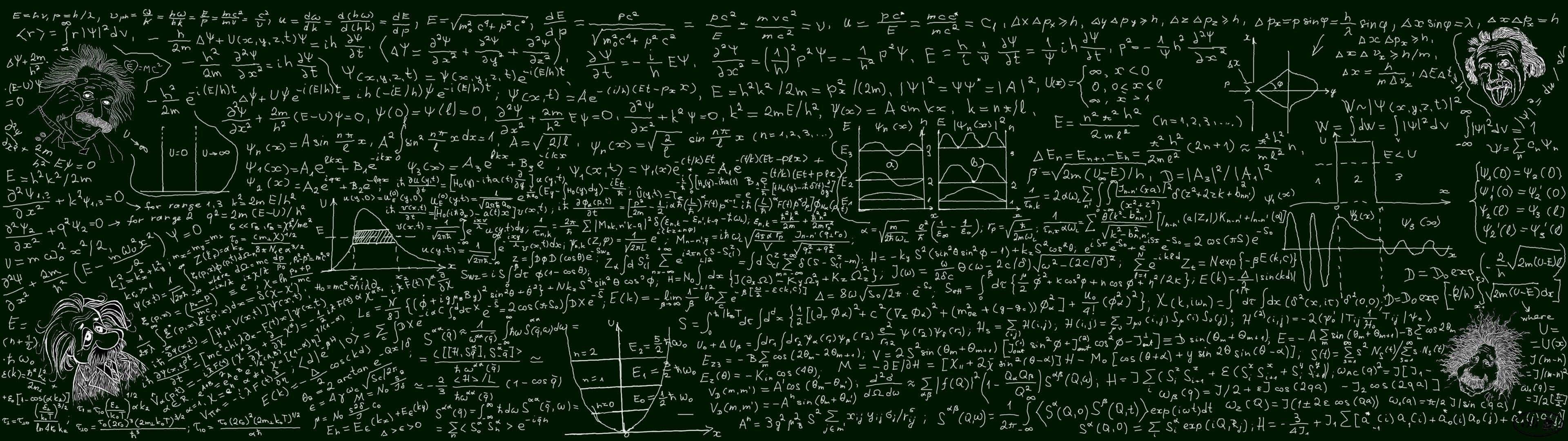 mathematics 桌布 壁紙 — 一塊深綠色黑板，上面佈滿複雜的物理方程式和愛因斯坦臉部的草圖。