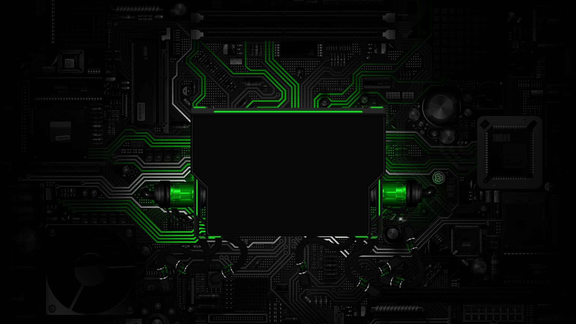 Motherboard 桌布 壁紙 — 一塊深色電路板，帶有發光綠色路徑和中央黑色矩形，周圍環繞著複雜的電子元件。