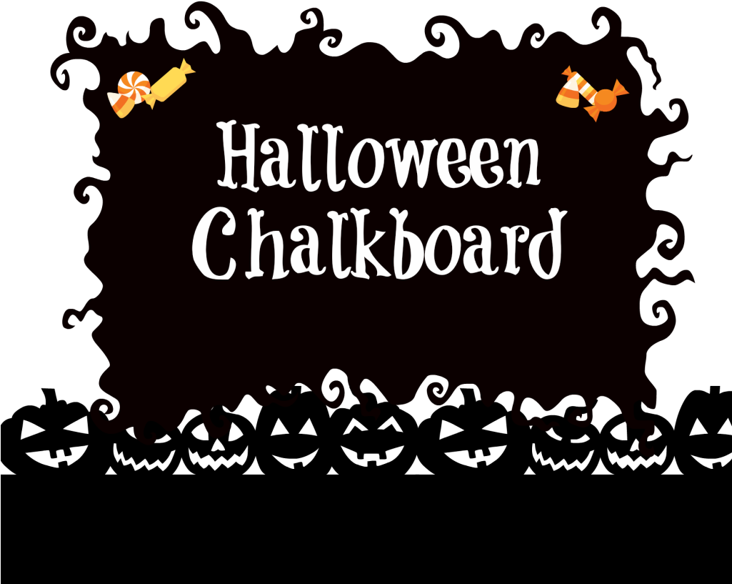 黑板 桌布 壁紙 — 一塊深色黑板，上面有白色恐怖文字寫著 Halloween Chalkboard，兩側有橙色和白色的糖果插圖。
