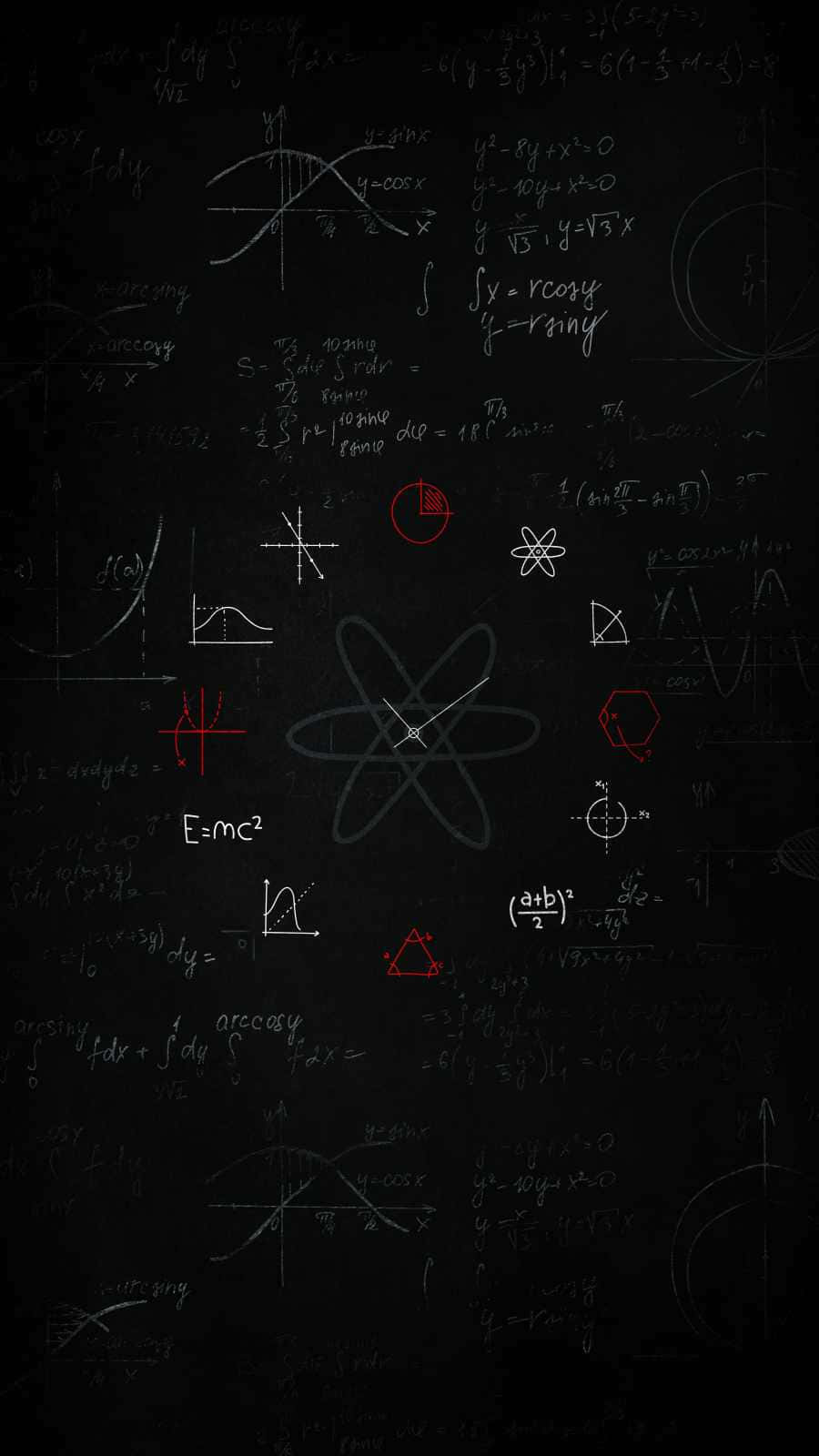 Physics 桌布 壁紙 — 一塊深色黑板，充滿發光的白色和紅色數學方程式、物理符號和原子圖。