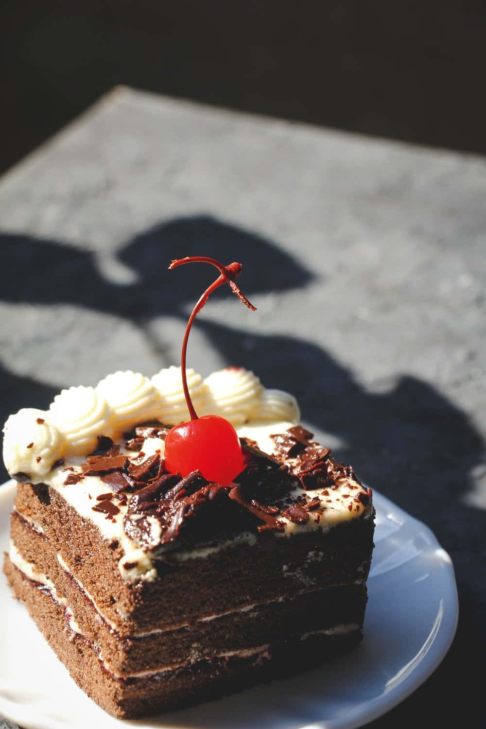 Black Forest Cake 桌布 壁紙 — 一塊濃郁的巧克力蛋糕，配上鮮奶油和鮮紅櫻桃，放在白色盤子上，在戲劇性的陽光下投射出深邃的陰影。