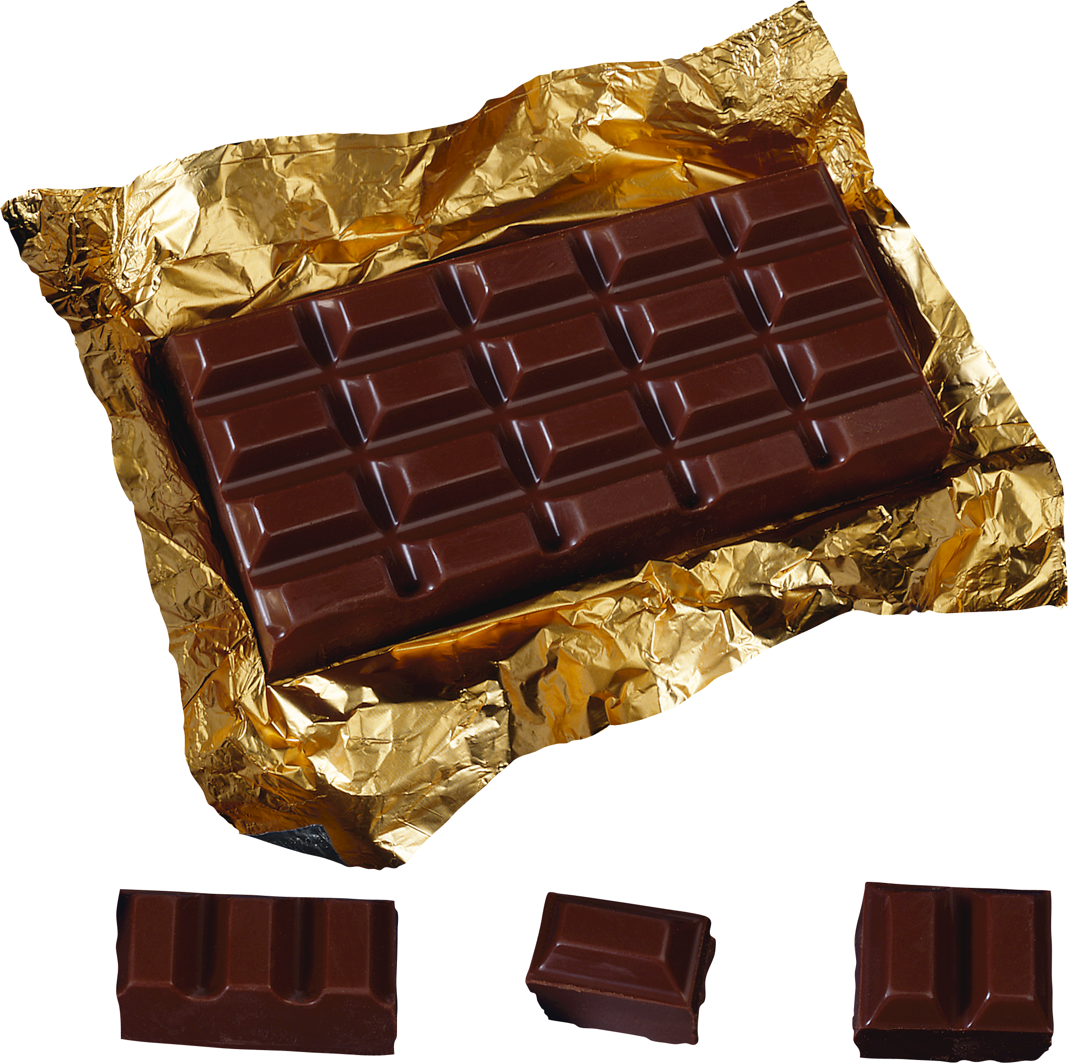 Chocolate 桌布 壁紙 — 一塊濃郁的黑巧克力棒放在皺褶的金箔上，下方展示著三塊碎塊。