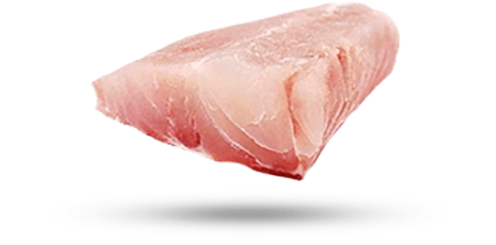肉 桌布 壁紙 — 一塊生鮪魚排漂浮在白色盤子上方，黑色背景，帶柔和陰影。