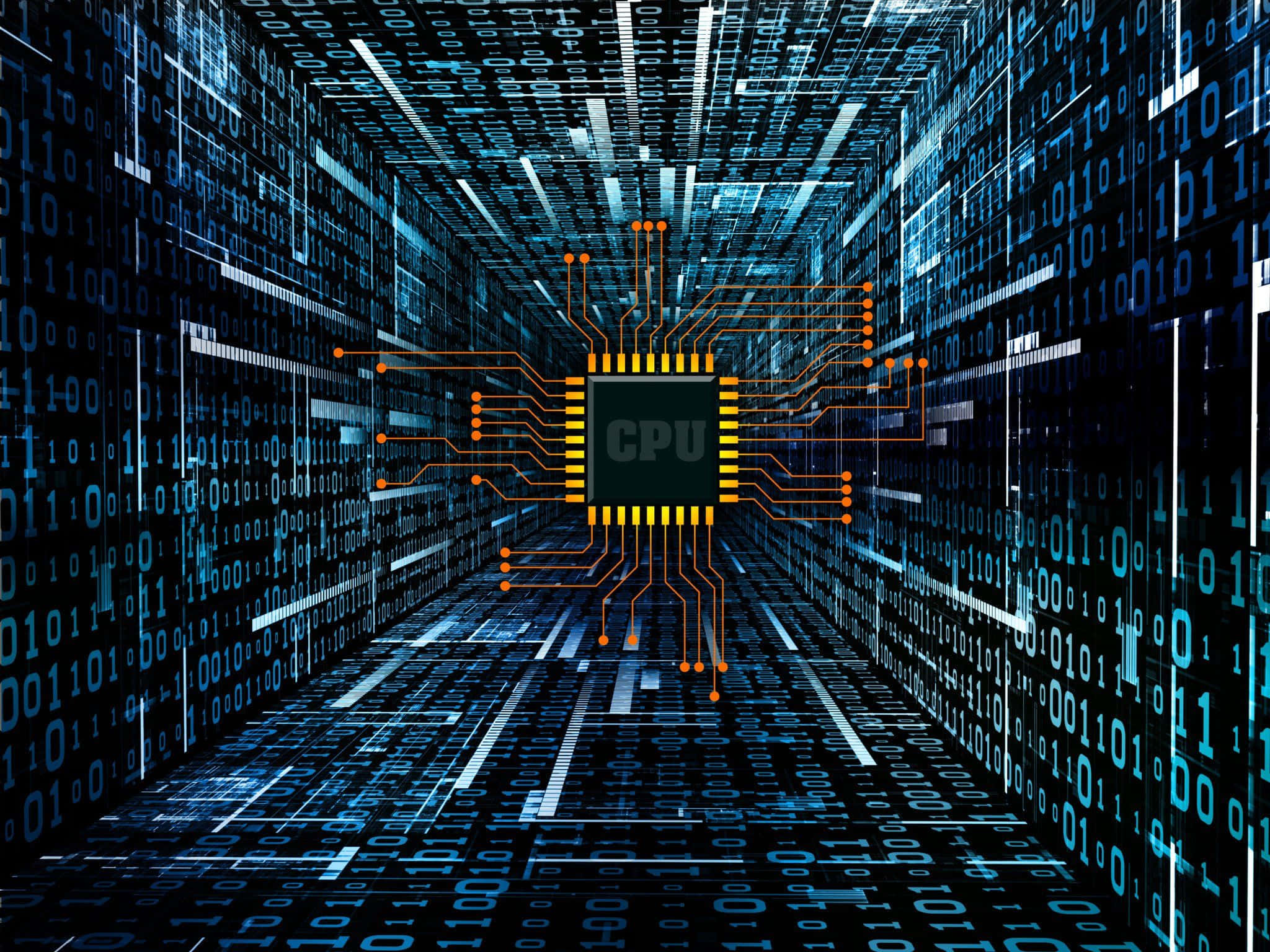 3d Technology 桌布 壁紙 — 一塊發光的CPU晶片位於一個由藍色和橙色流動二進位代碼排列而成的數位隧道中心。