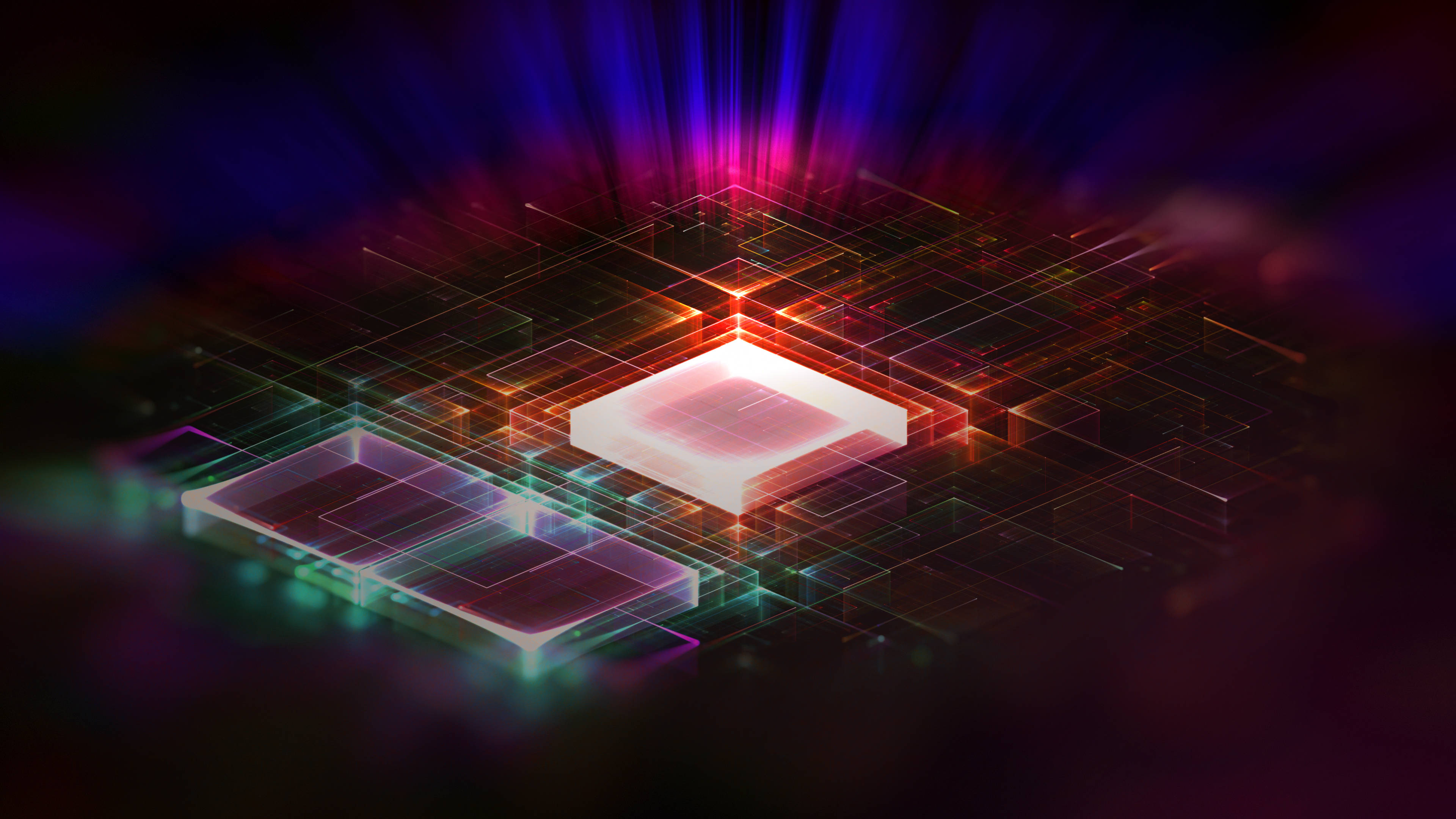 Processor 桌布 壁紙 — 一塊發光的未來風格電路板，帶有耀眼的霓虹線條和幾何形狀，背景是黑暗的宇宙。