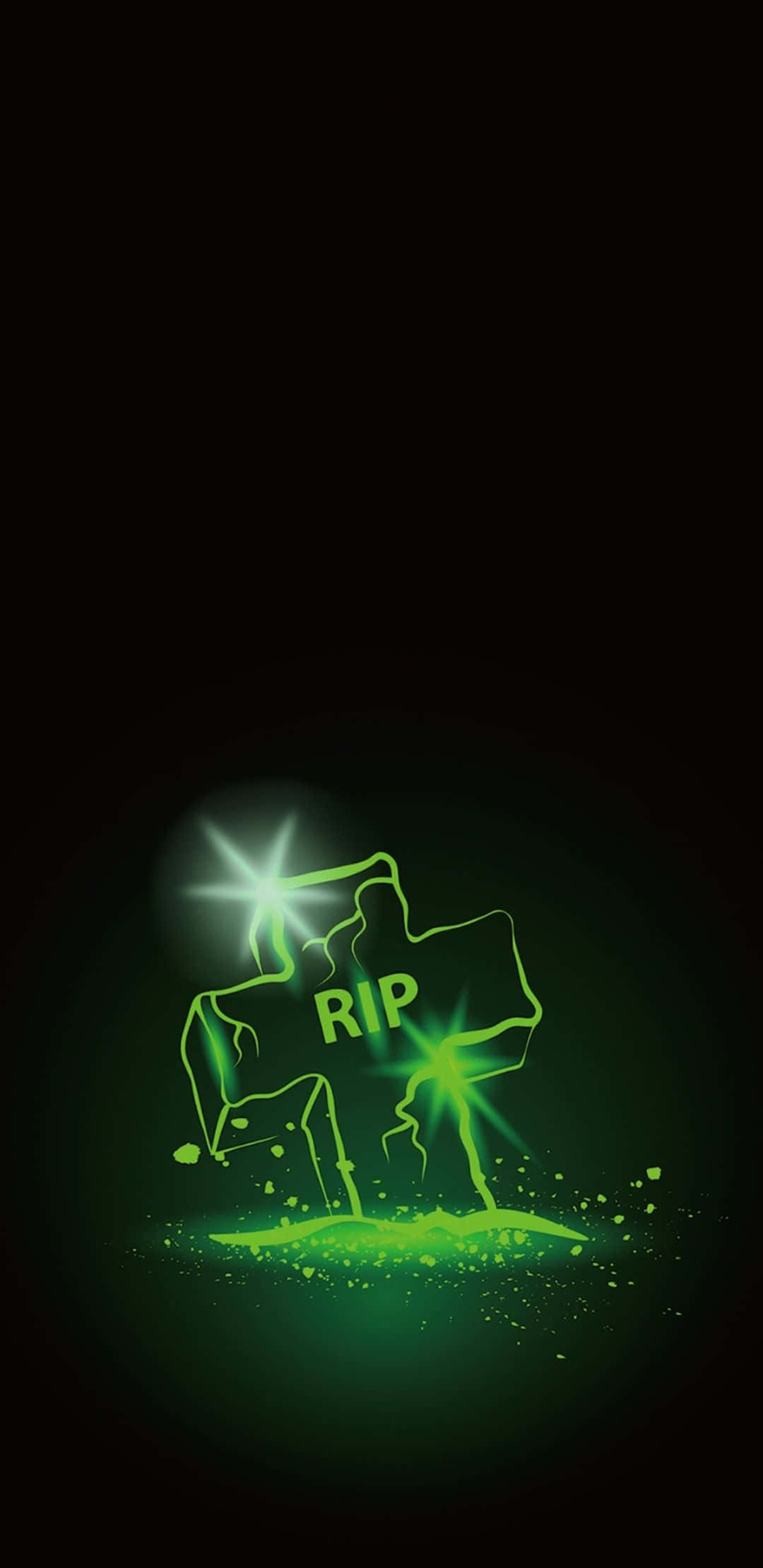 Neon Halloween 桌布 壁紙 — 一塊發光的綠色墓碑，上面刻有RIP，矗立在帶有閃爍光效的黑色背景前。