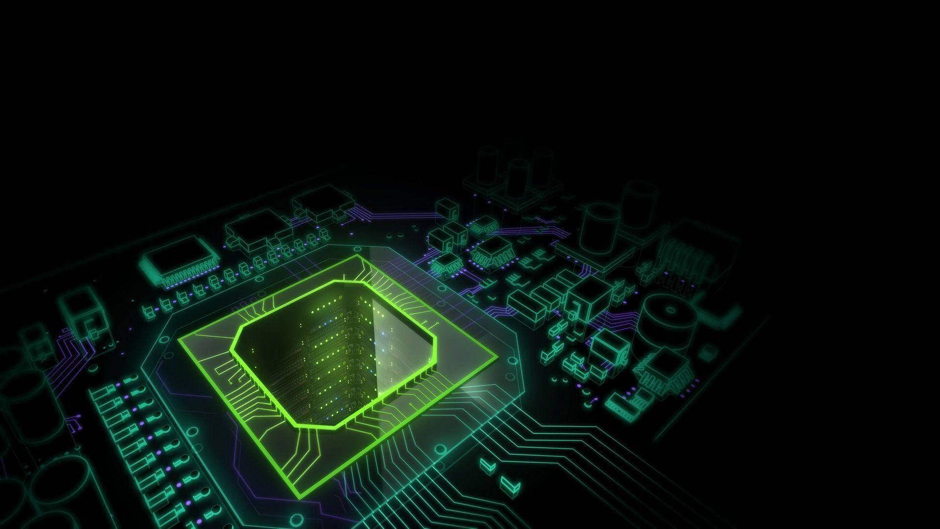 Motherboard 桌布 壁紙 — 一塊發光的綠色電路板，中央處理器在黑色背景上被照亮。