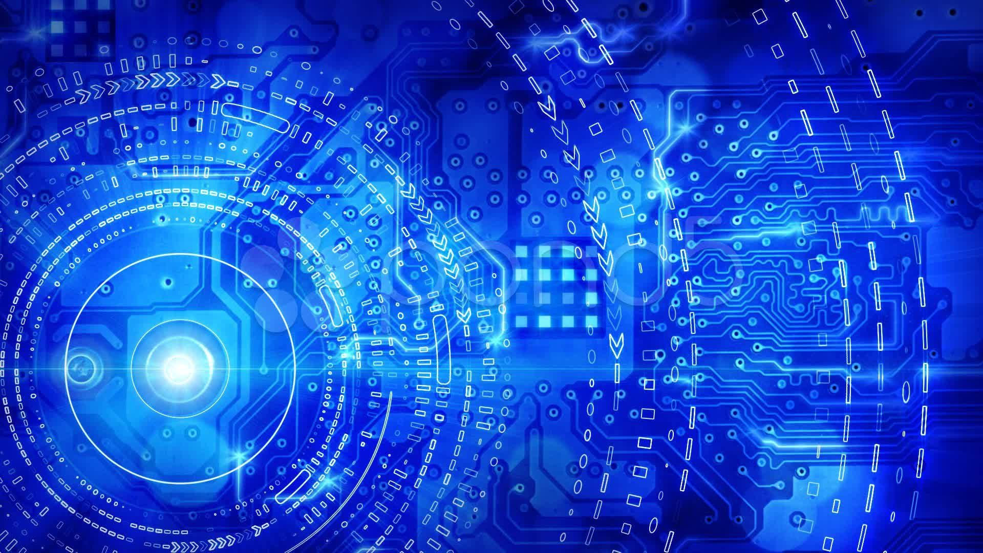 Electronics 桌布 壁紙 — 一塊發光的藍色數位電路板，帶有複雜的路徑和一個明亮發光的中央節點。
